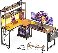ODK 53 Inch Reversible L-Shaped Gaming Desk with RGB LED Lights, Power Outlets, USB Ports, Storage Shelves & Hooks - Vintage Corner Home Office Table