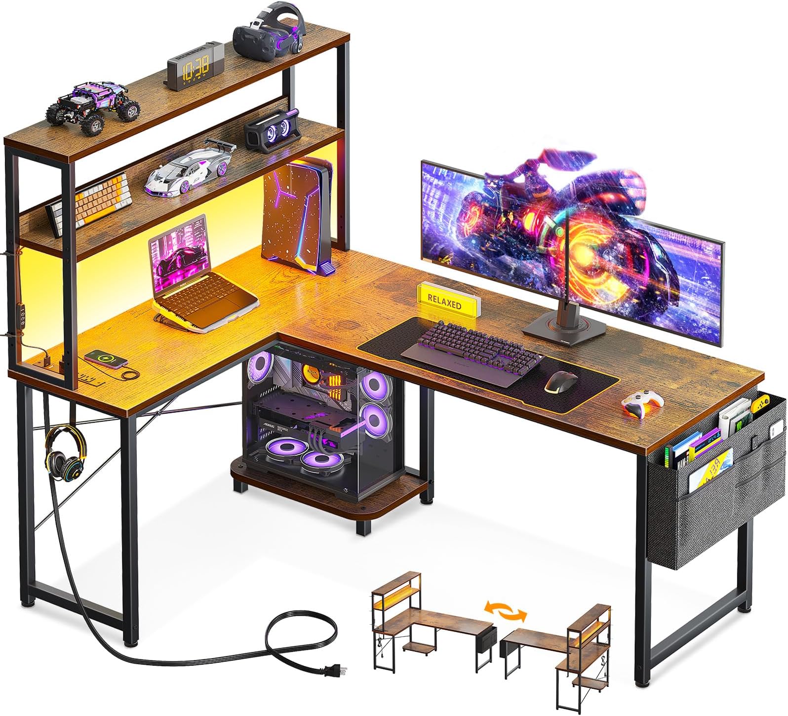53 Inch L Shaped Desk with LED Lighting, Reversible Gaming Desk with Power Outlets, Cornor Computer Table with Storage Shelves & Bag & Iron Hook, Home Office Table for Writing, Study, Vintage