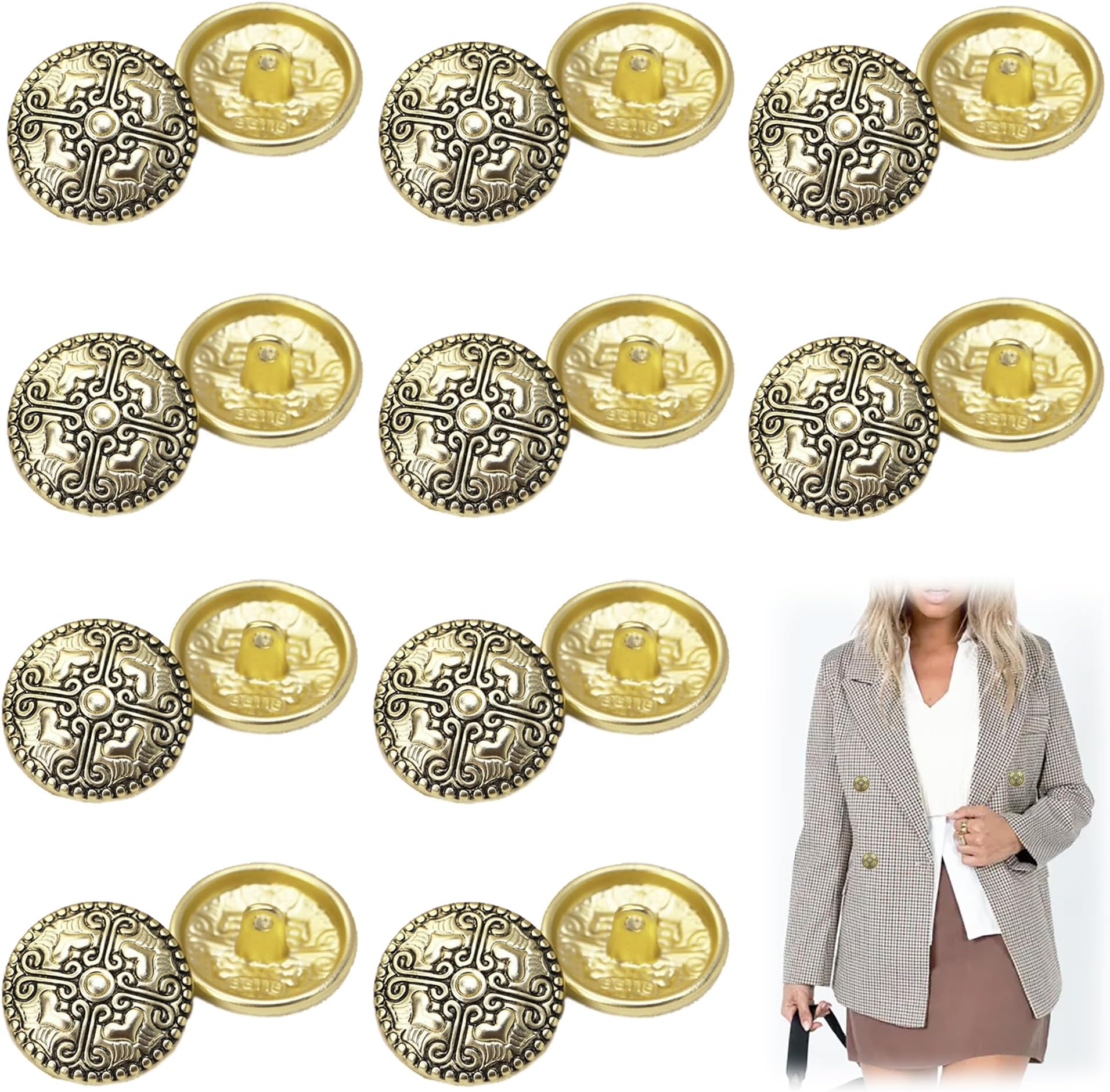 Pack of 20 Buttons Metal Vintage Metal Buttons Eyelet Buttons Vintage Antique Blazer Buttons Round Metal Buttons for Coat, Blazer, Shirt, Jacket, Uniform (Gold-3)