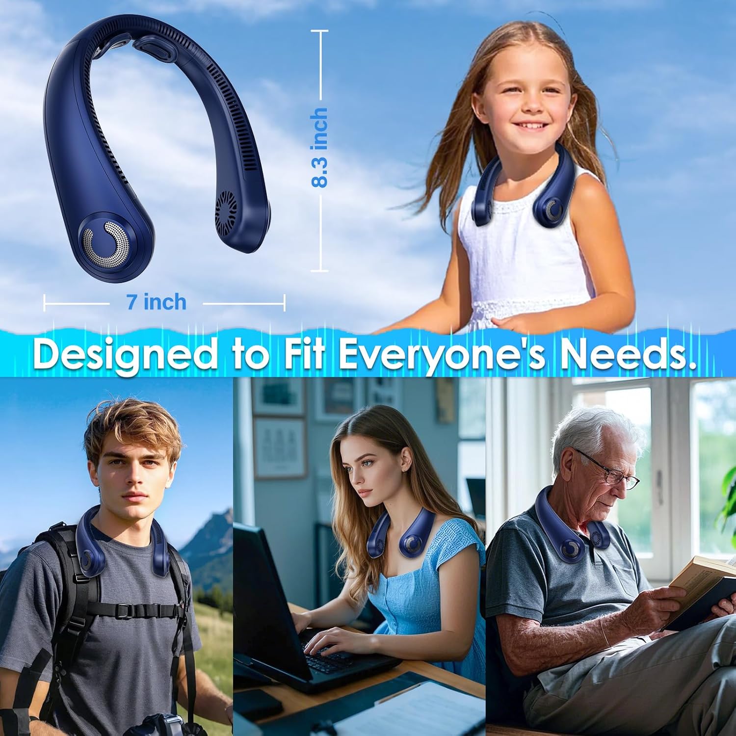 Portable Lightweight Neck Fan, 5 Speeds, Neck Support, Valentine's Gifts for Men Women, USB Rechargeable Personal Bladeless Wearable Cooling Neck Fan for Hot Flashes, Disneyland, Travel - Image 7