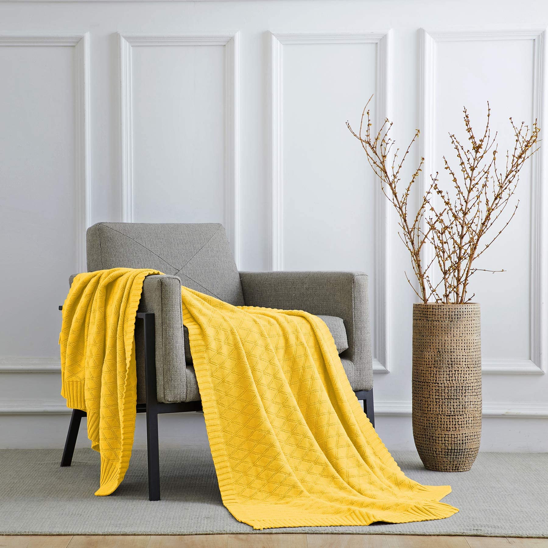 Large Yellow Cotton Knit Throw Blanket for Couch Sofa Bed Home Decorative  Soft Cozy Sweater Woven Fall Cable Oversize Knitted Blankets pounds
