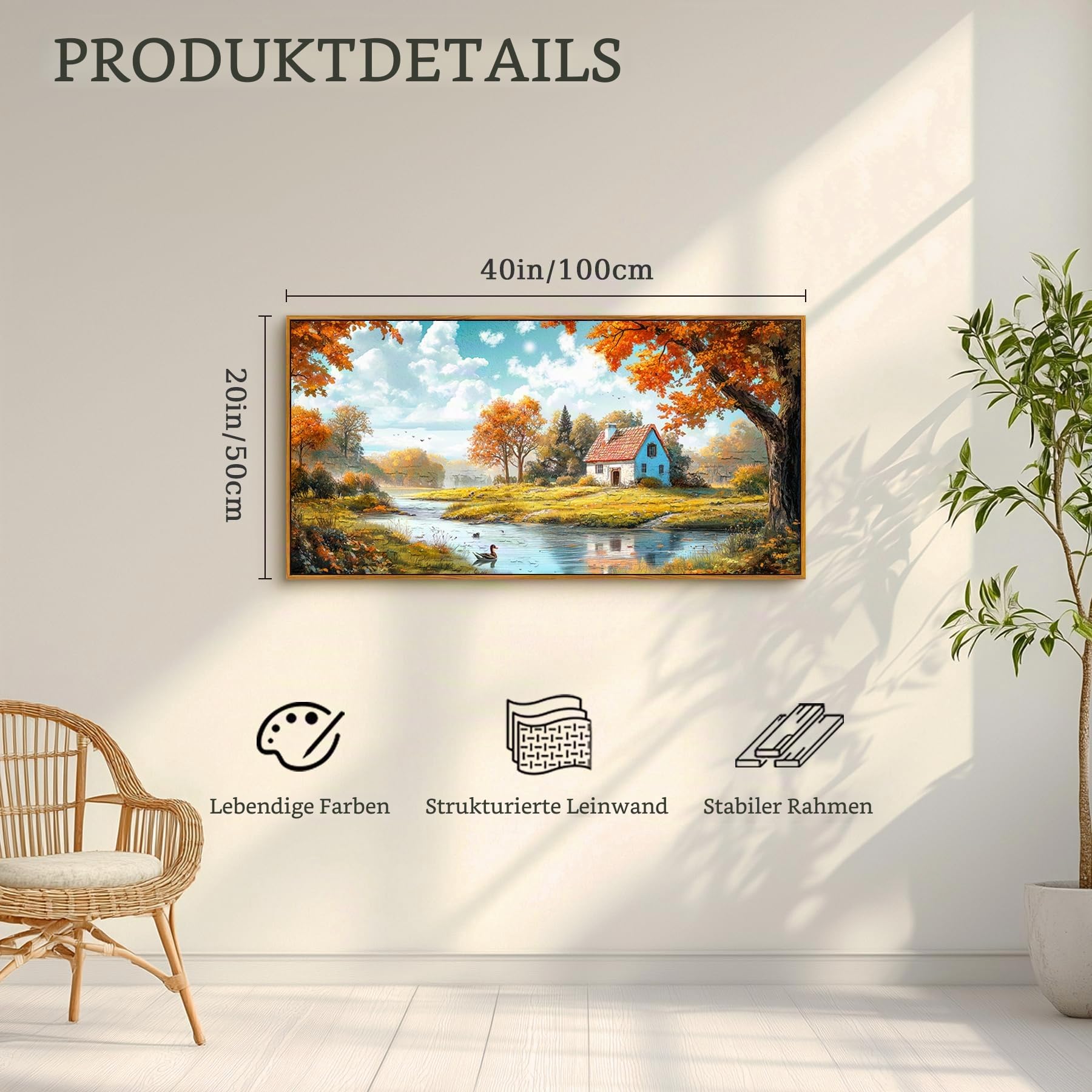 hyidecorart Landschaft Wandbilder mit Rahmen Moderne Gemälde 50x100 cm | Naturthemen, HD-Druck, Leicht Aufzuhängen, Große Formate, Leinwandgewebe, Schön Wanddeko, Geschenk, Einfache Installation