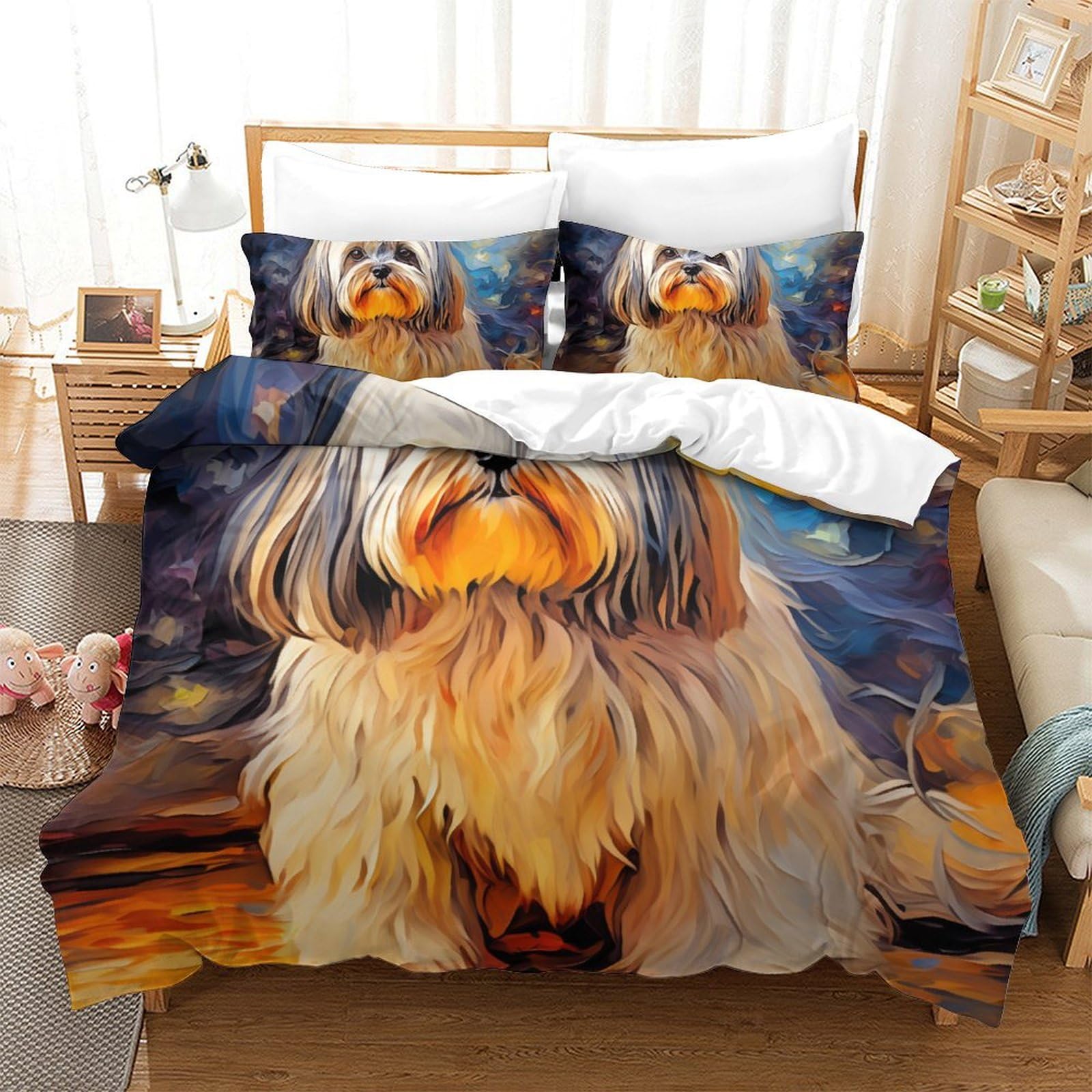 Housse de couette zippée 260x220 motif chien pour lit facile à changer sans plis