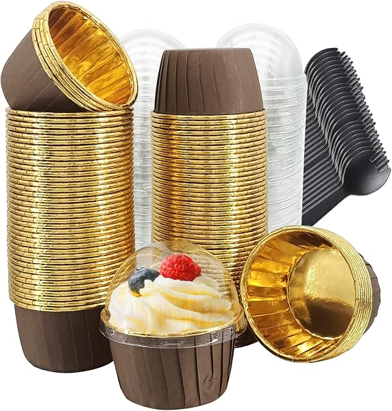 Cupcake Liners with Dome Lids 100Pack,Free-Air 3.5Oz Foil Baking Cups,Disposable Muffin Tin Cupcake Wrappers for Individ