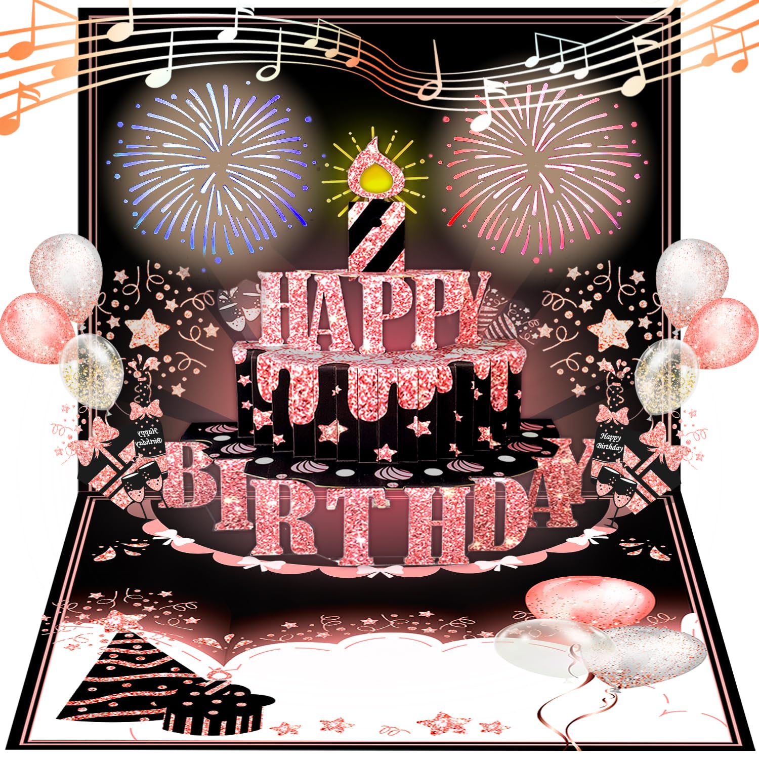 Timogift 3D Pop Up Birthday Card with Music Lights & Blowable CANDLE, Firework Musical Birthday Cards, Birthday Gifts for Women Sister Wife Friends Kids-Black Pink