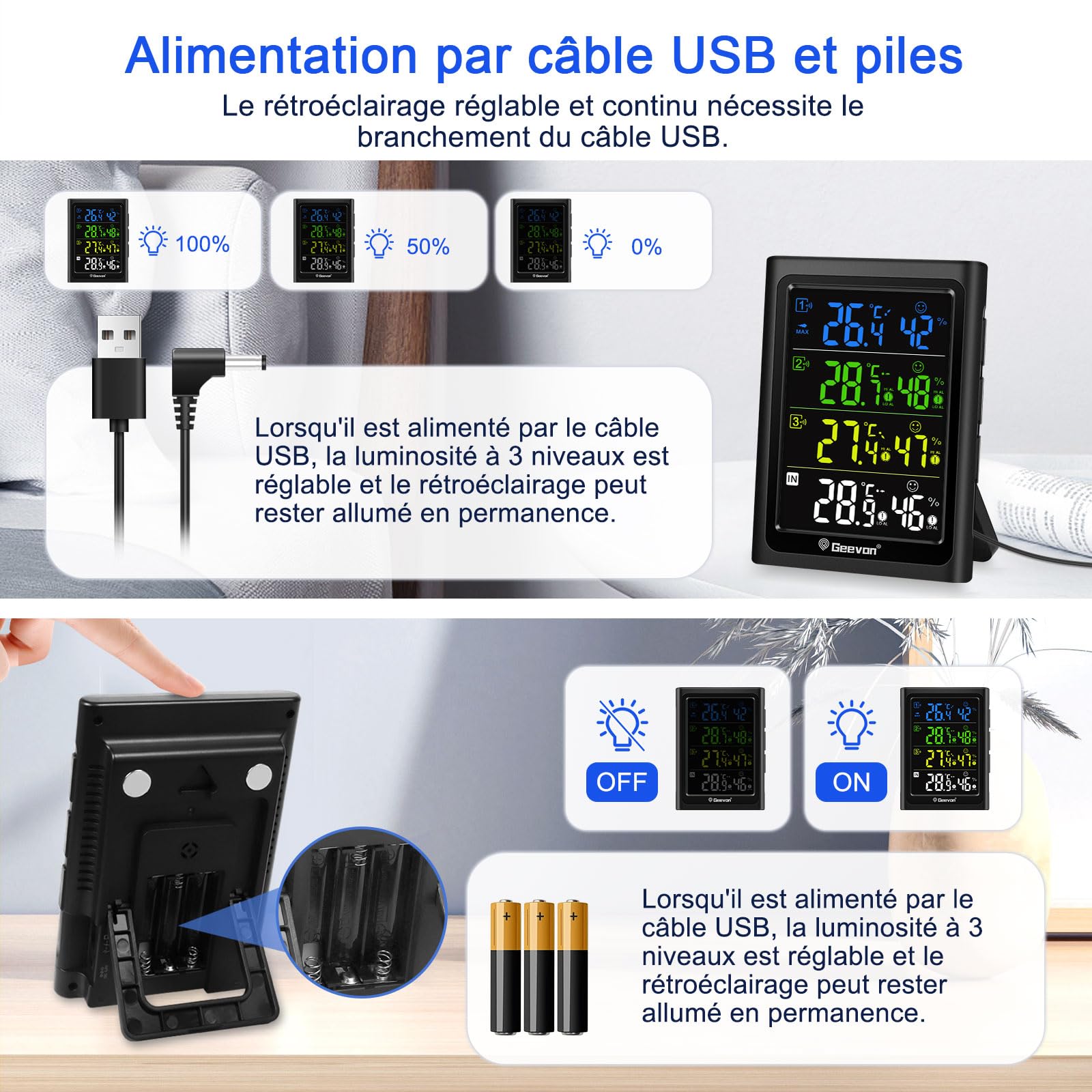 Geevon Thermomètre intérieur extérieur sans fil avec 3 capteurs à distance, hygromètre électronique, jauge de température avec portée de 60m Conditions sans obstruction