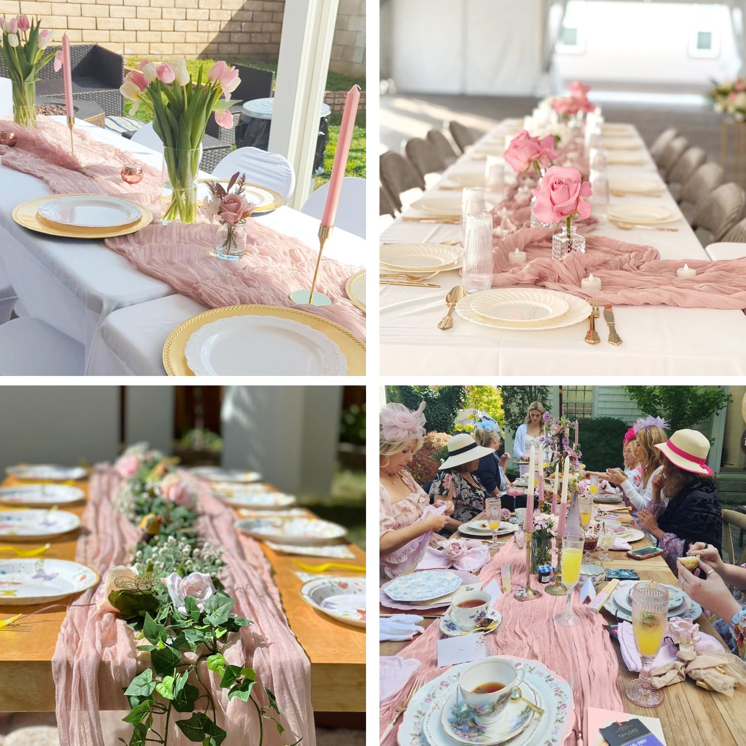 Paquete de 10 caminos de mesa de gasa rosa polvoriento, camino de mesa de gasa de 10 pies, camino de mesa rústico, bohemio, romántico, para boda, decoración de mesa para novia, baby shower,