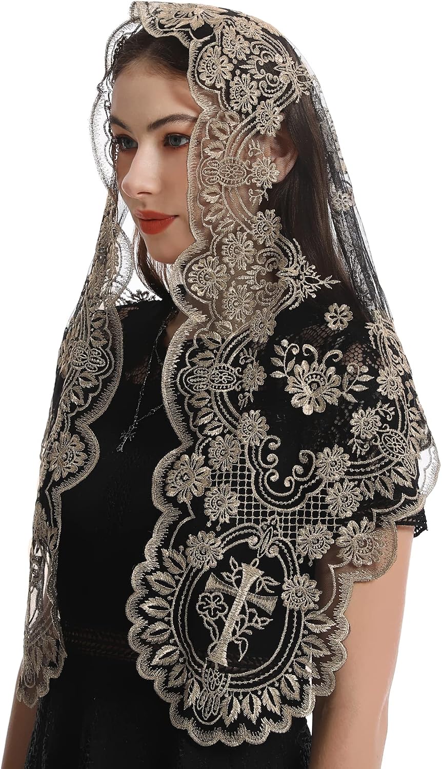 Bozidol Church Triangular Head covering - Cross Chalice Embroidered Vintage Church Veil for Women