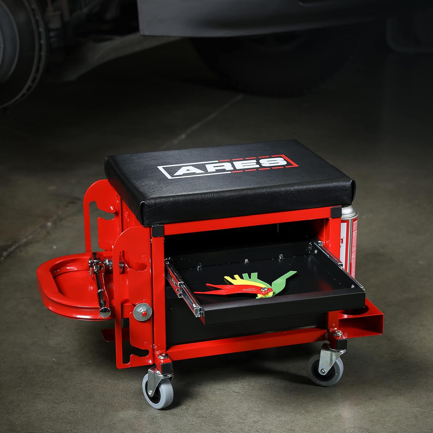 ARES 62042 – Red Heavy Duty Multi-Function Mechanic’s Rolling Seat - Square Shop Stool with Padded Seat Cushion, Tool Storage Drawer and Tray – Rugged Steel Construction Holds Up to 350 LB : Patio, Lawn & Garden