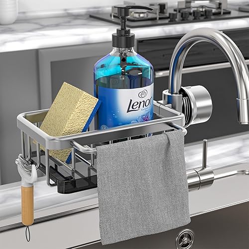 PROJOY Soporte de esponja para platos sobre grifo de cocina, organizador de fregadero de cocina, estante de drenaje desmontable de aluminio espacial
