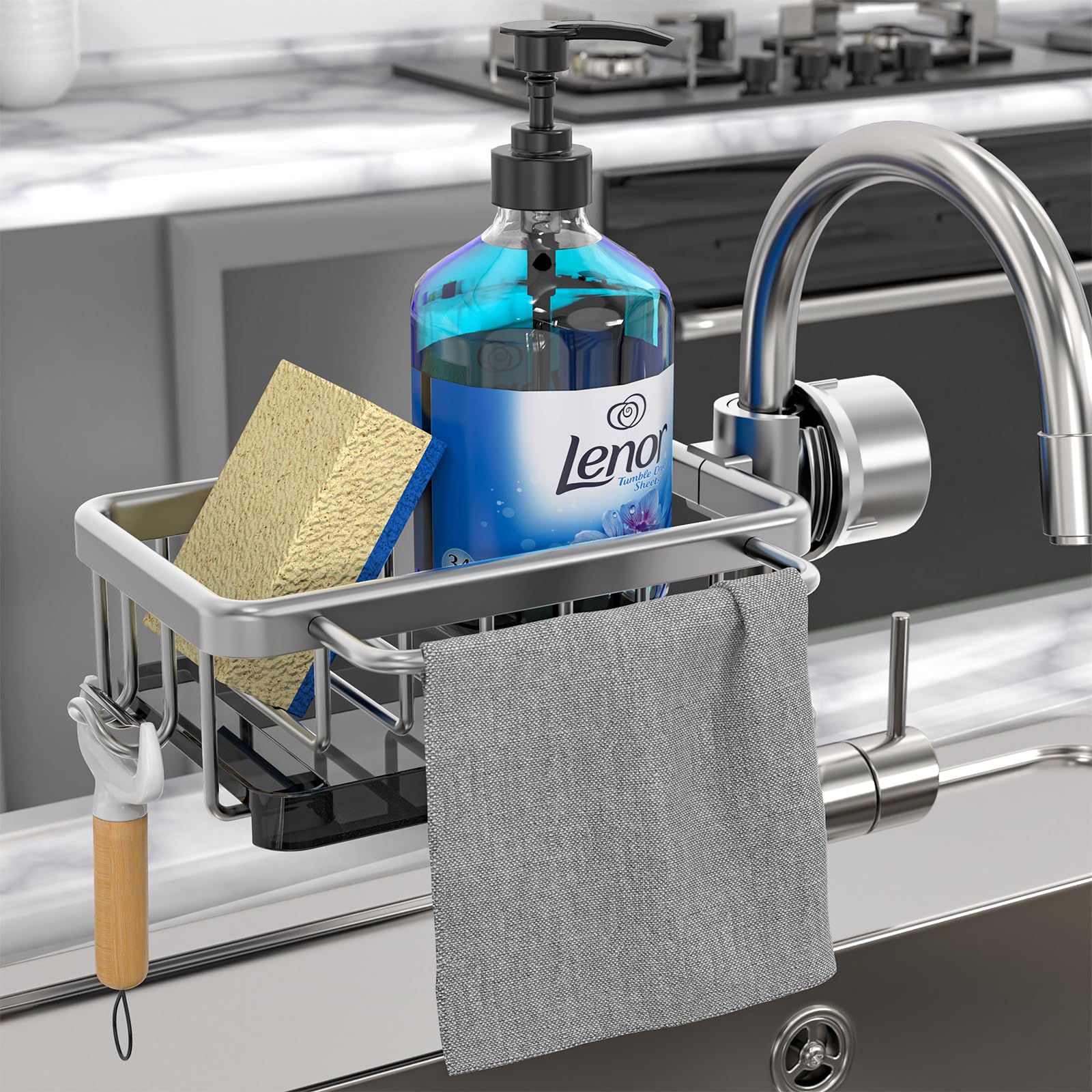 Dish Sponge Holder Over Faucet Kitchen Sink Caddy Organizer, Space Aluminum Detachable Hanging Faucet Drain Rack with Hook for Bathroom, Scrubbers, Soap, Work With 0.7-1.1inch Round Water Pipe