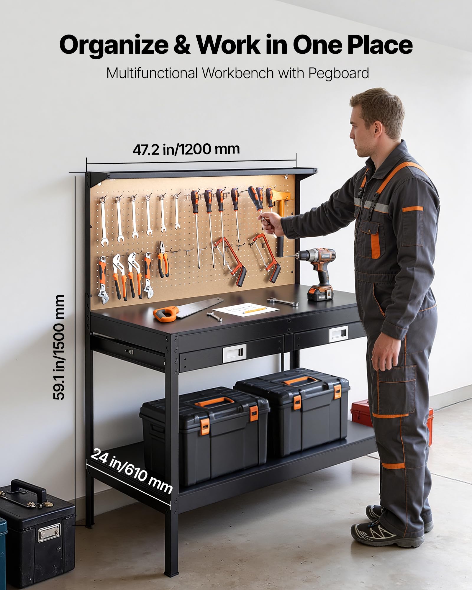 VEVOR Werkbank mit Lochwand, 110kg Belastbarer Arbeitstisch inkl. 2 Ablagefächer 2 Schubladen LED-Beleuchtung & Integrierter Steckdosenleiste mit USB, Multifunktionstisch mit Werkzeugwand für Heimwerk