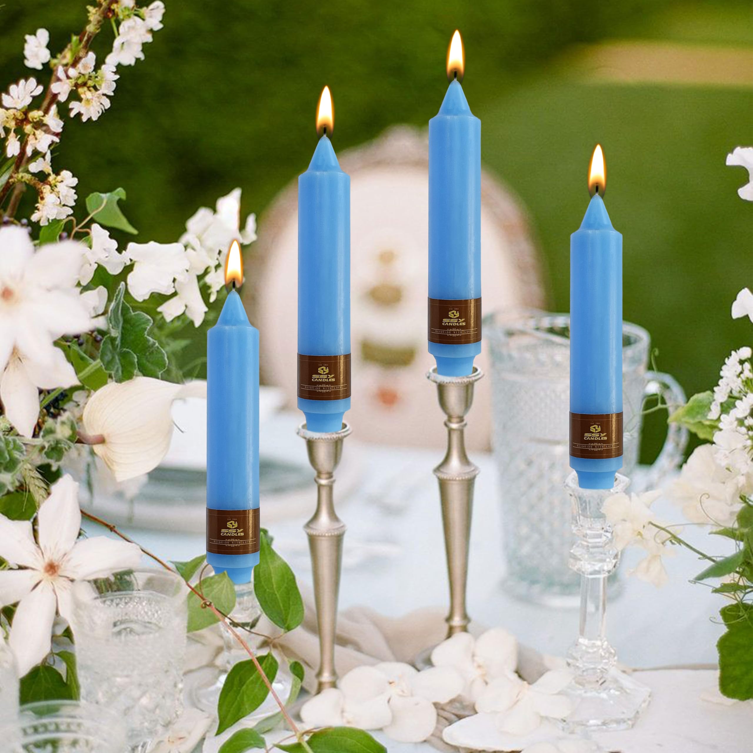Spiral Taper Candles Blue – 7 Inch Unscented Smokeless Candles With Drip Tray, For Dinner Wedding Decor