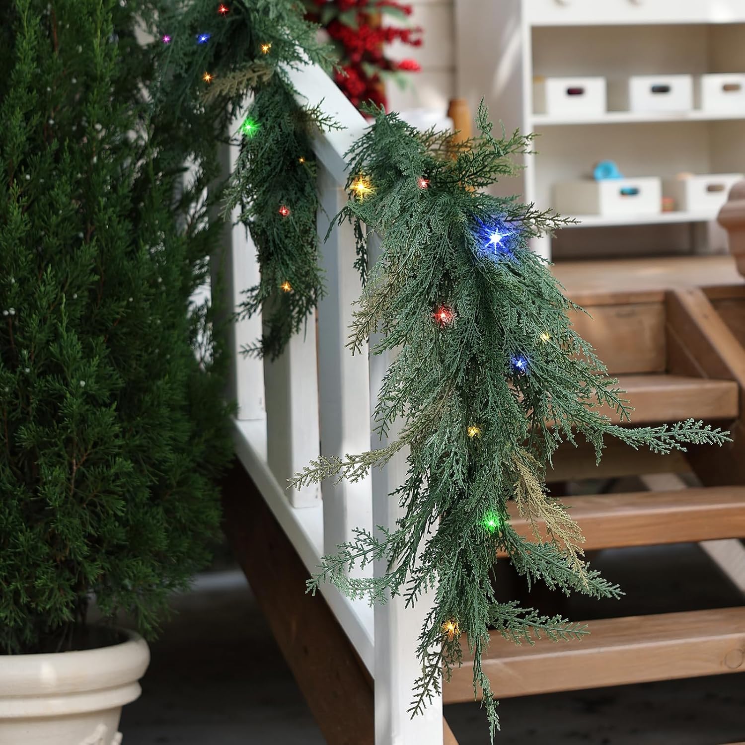 Christmas Cedar Garland Realistic - Cypress Decorations with Lights 6ft for Mantle Lighted Faux Pine Garlands for Xmas Home Decoration Indoor Stairs Railing 6 ft Fireplace Outdoor Prelit Door Decor