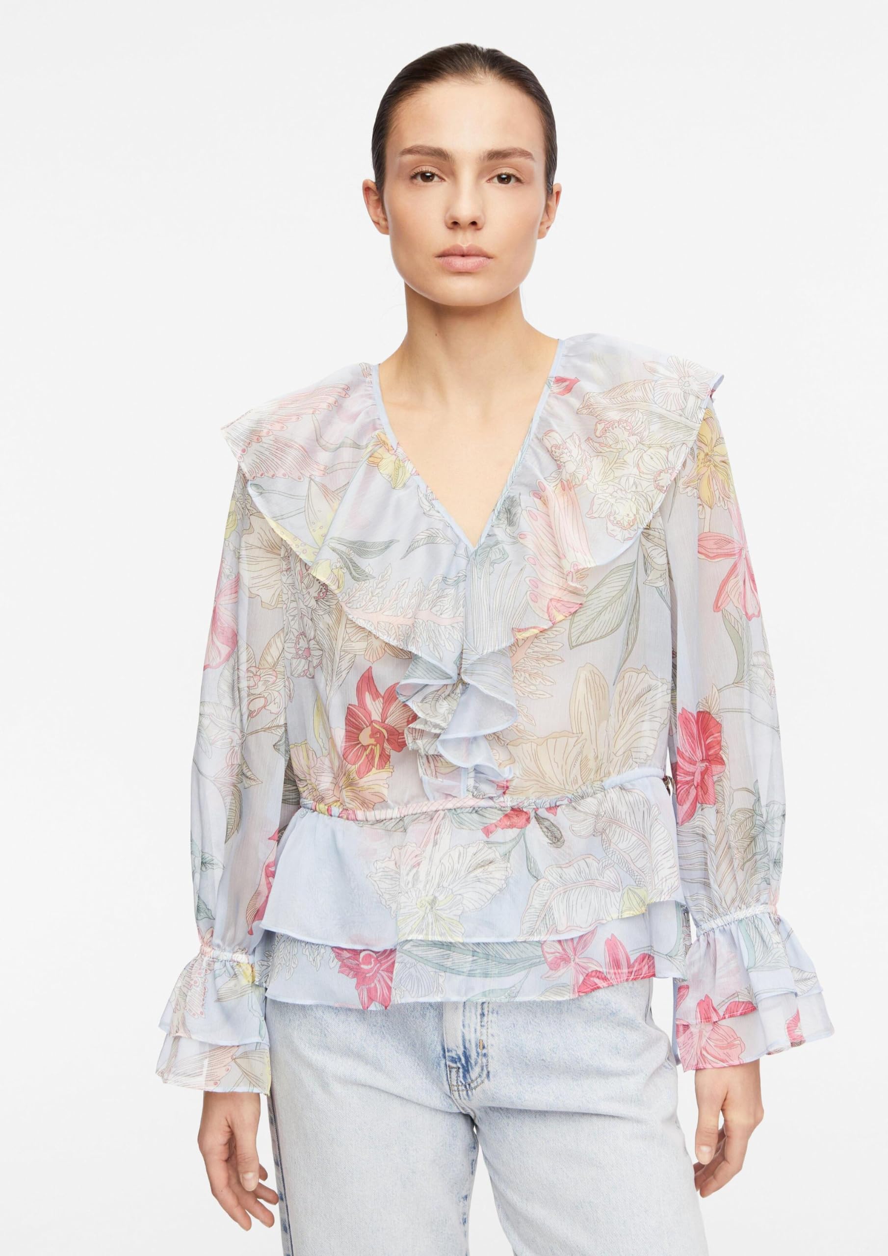 Comma Damen Feminine Chiffonbluse mit Volant-Details Bluse Langarm (1er Pack)