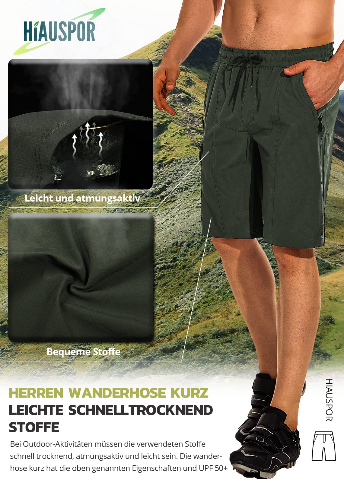 Hiauspor Pantalon de randonnée pour homme - Short de VTT - Léger - Séchage rapide - Avec 5 poches - Pour homme - Pour la randonnée, le plein air, le trekking, l'été, le travail et le sport, vert, XXXL