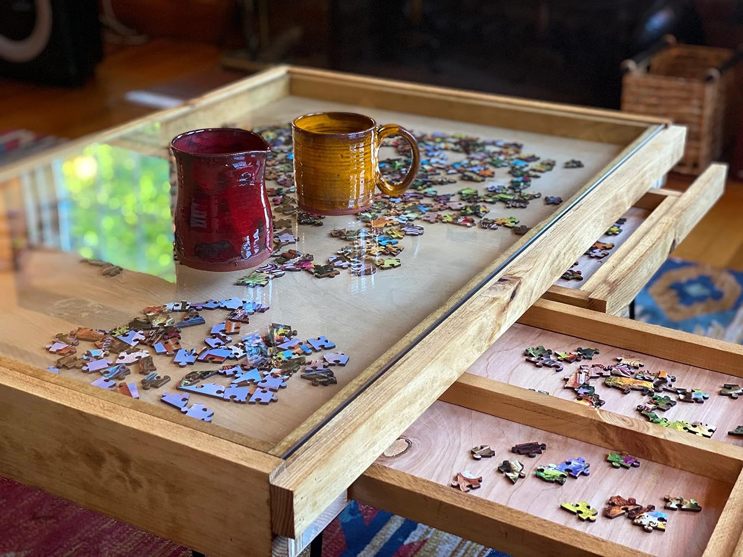 Rustic Puzzle Coffee Table with Removable Glass top - Includes 2 Hidden Drawers - 24x36. 100% Made in The USA