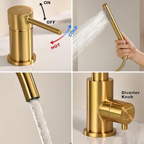 Miniatura 24 de Grifo de bañera de montaje en cubierta negro con rociador, grifos de bañera de alto flujo, grifo de baño de latón con mango montado en la ducha