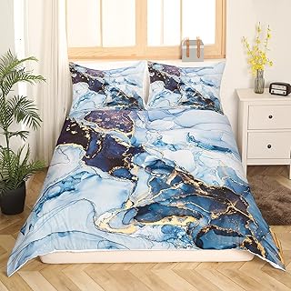 Erosebridal Liquid Marble Bedding Set Aqua Blue Marble Vein Duvet Cover Marble Pattern Printed Abstract Comforter Cover Set Gold Marbling Bed Set for Kid Teen Girl Marble Home Decor, King Size