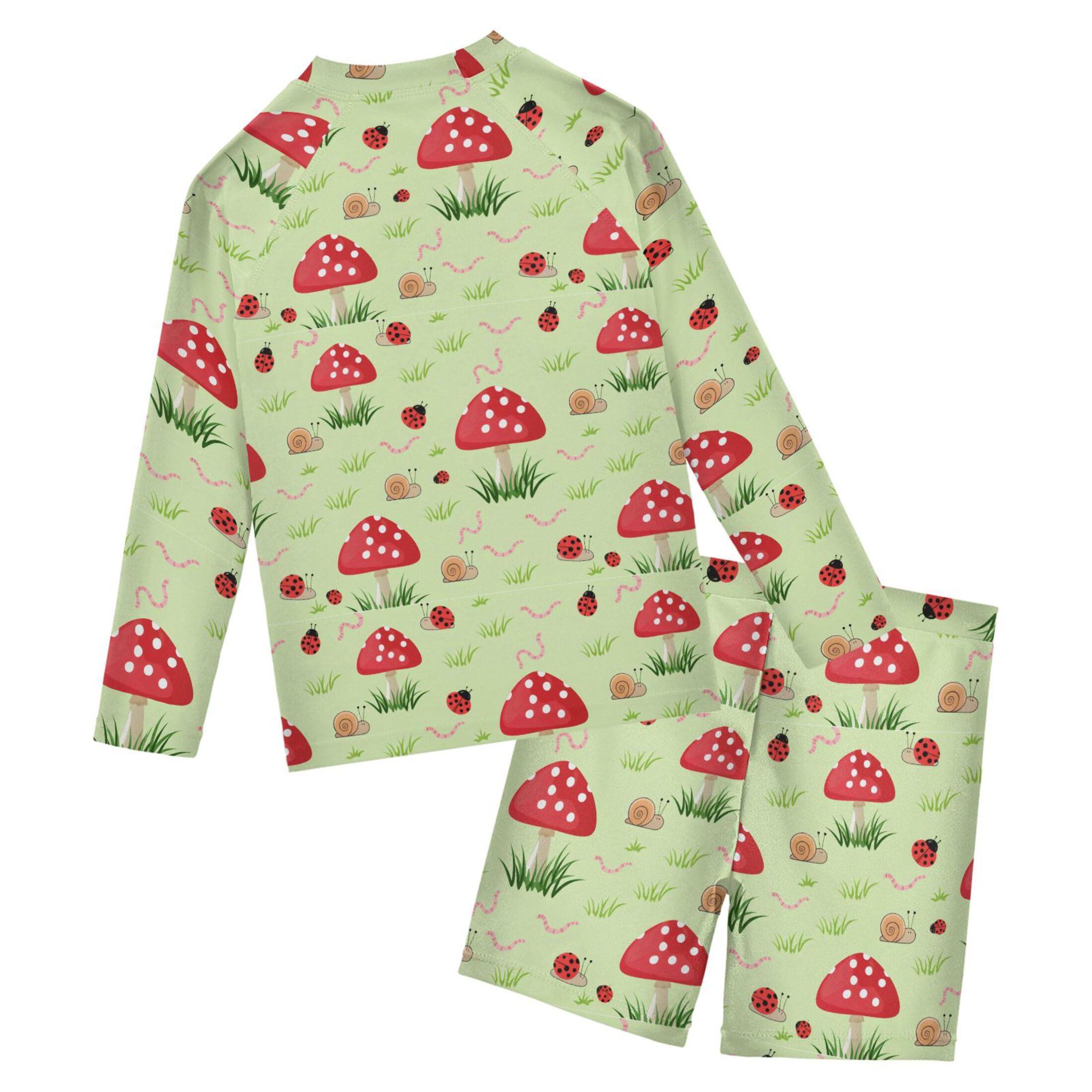 Red Mushroom Snails Ladybug Toddler Boys' 2-Piece Swimsuit Trunk, Long Sleeve Rashguard Bathing Suit B0405155