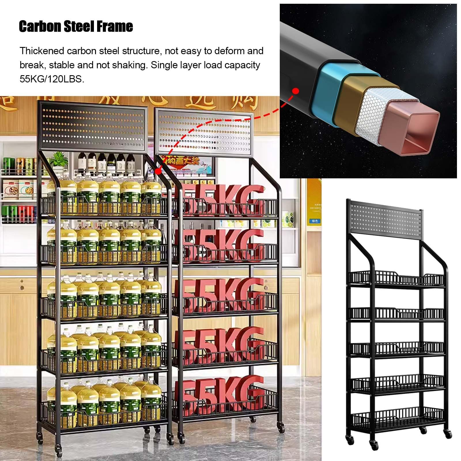 stojak ekspozycyjny, Półka na owoce i warzywa kółkach do supermarketu(White,5 Tier 50cm)