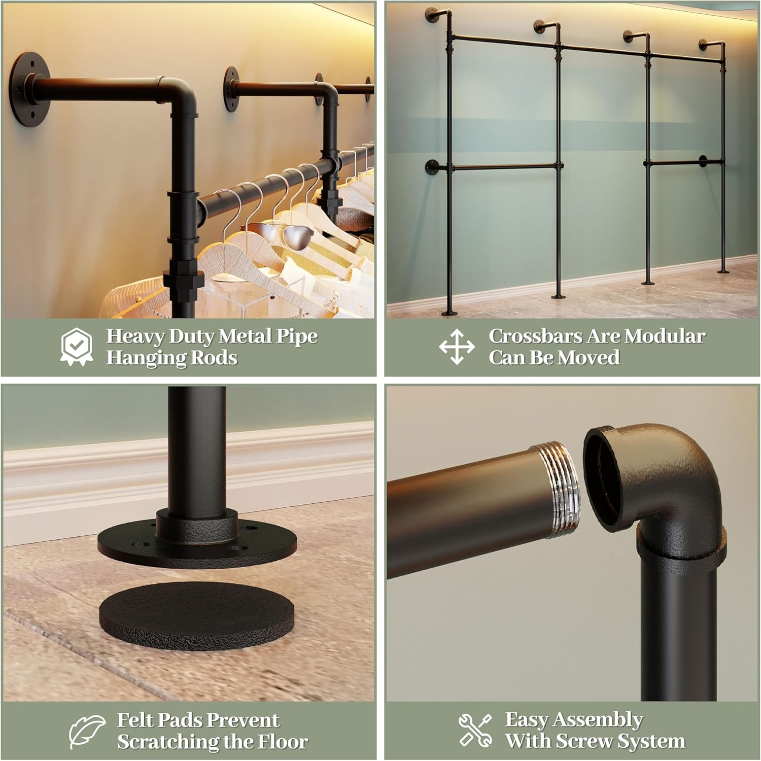 Industrial Pipe Wall-Mounted Clothing Rack,106.3" Heavy-Duty Closet System in Black Powder-Coated Steel,Storage Shelving for Walk-In Closets