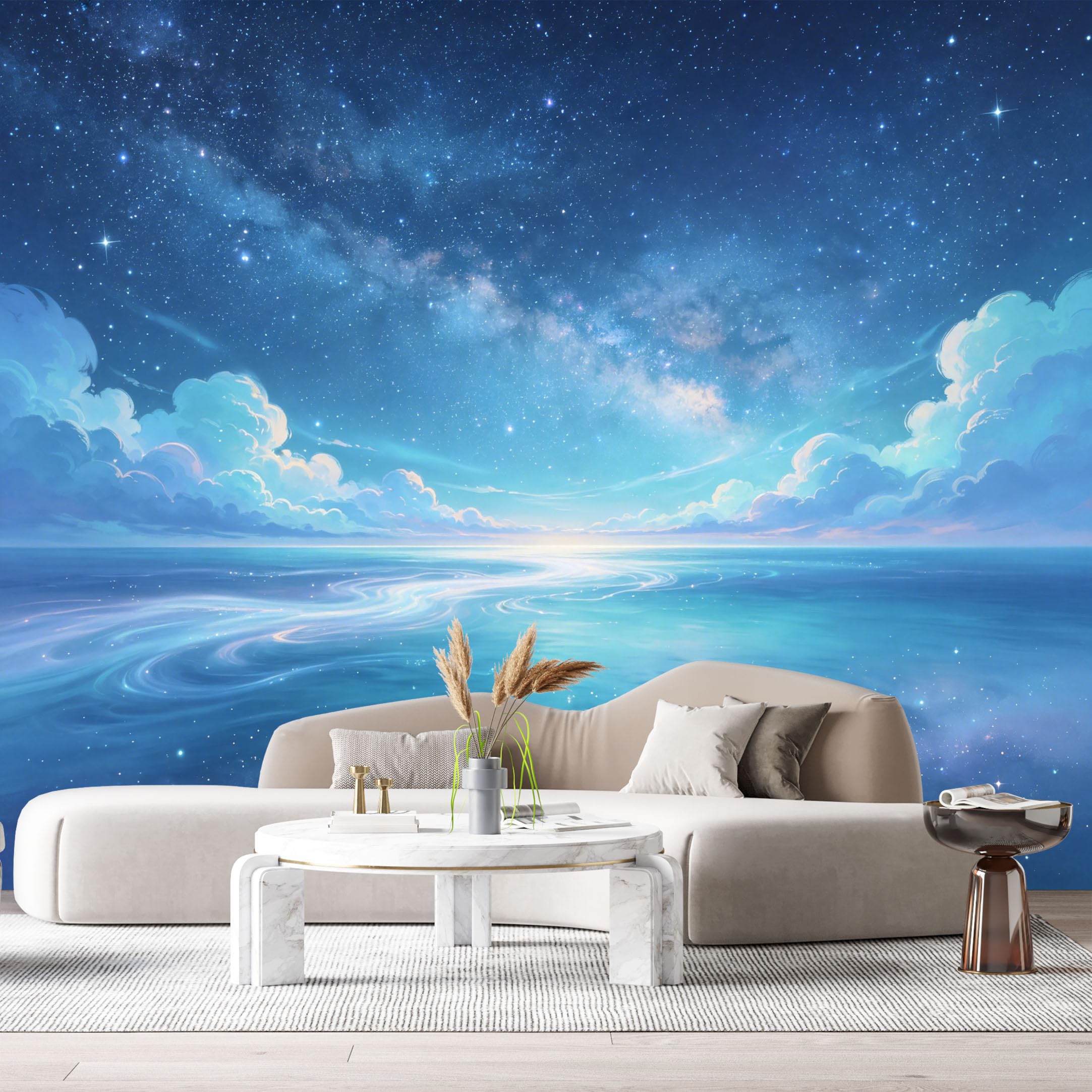 Custom Size Wall Murals Night Sky Ocean Landscape Watercolor Milky Way Starry Sea SelfAdhesiveWall Fabric Removable Wallpaper Wall Decor for Living Room Bedroom Bathroom