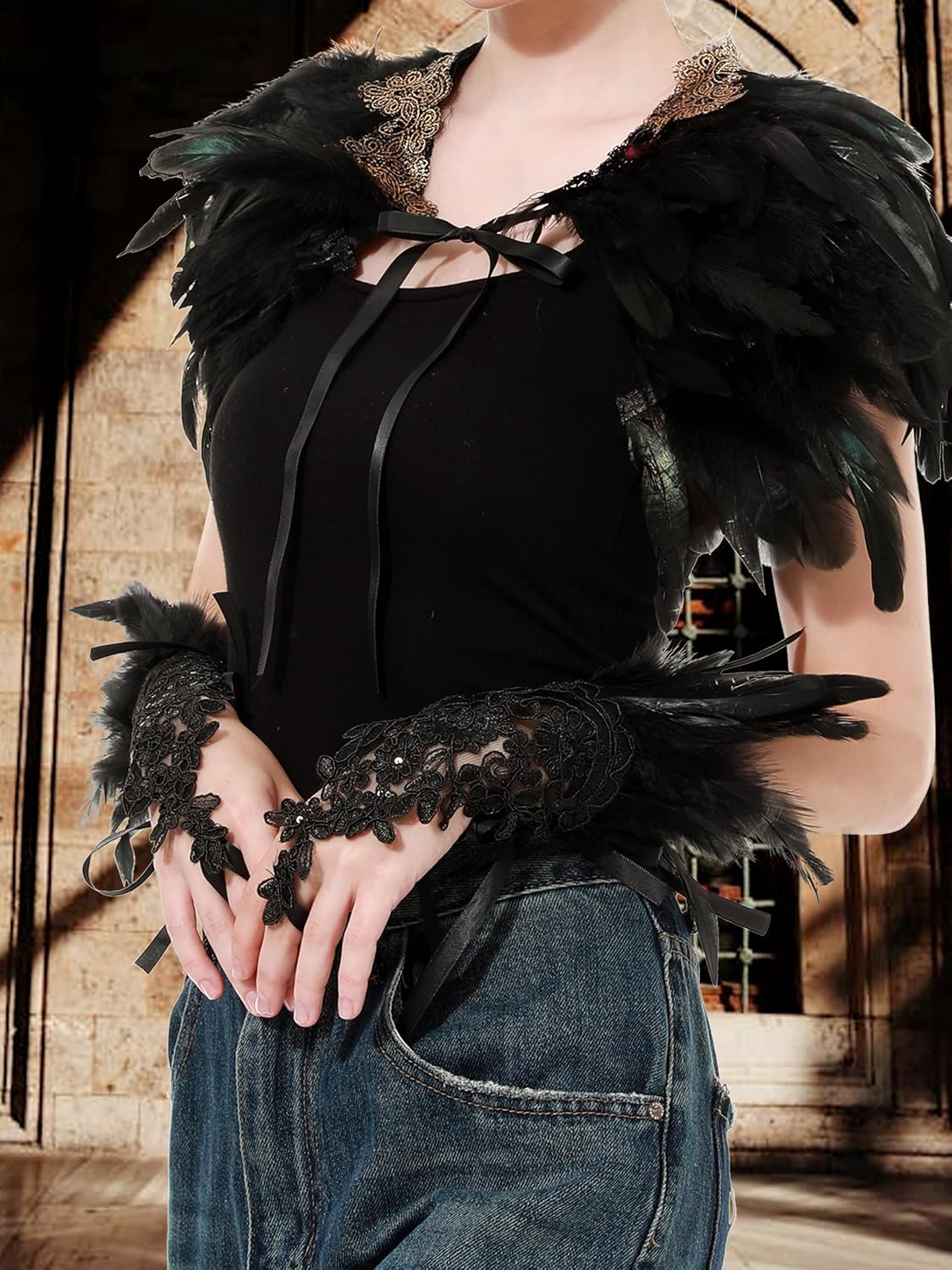 Feather Lace Gloves Gothic Long Sleeved Cuffs Women Halloween Wrist Band Costume Accessories - Image 2