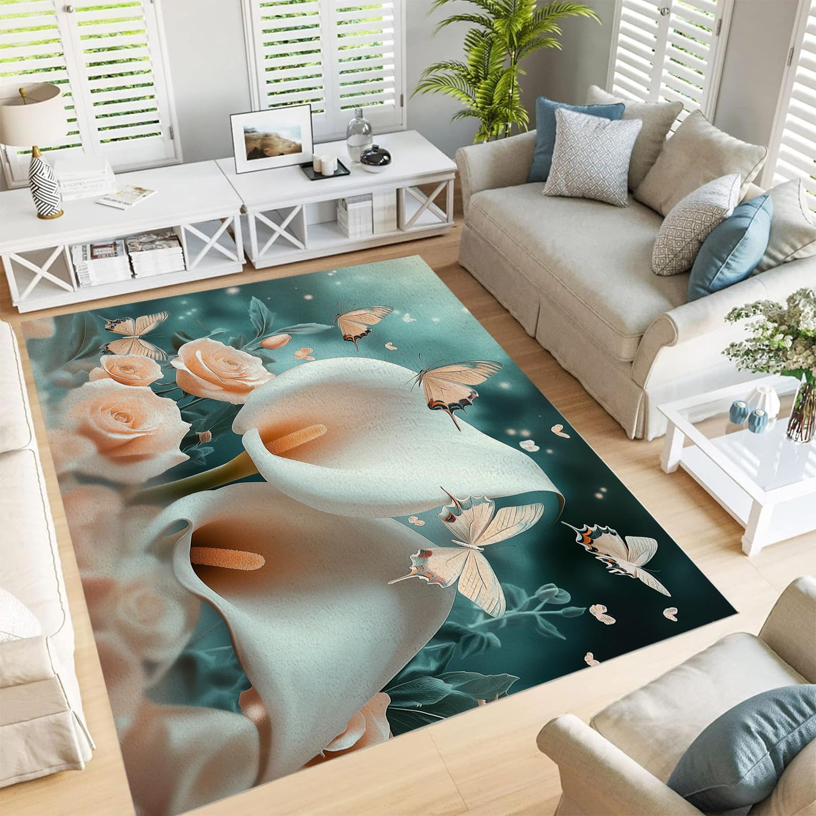 Tapis porte entrée blanc doux grand format 90x150 lavable motif fleurs 3D relief