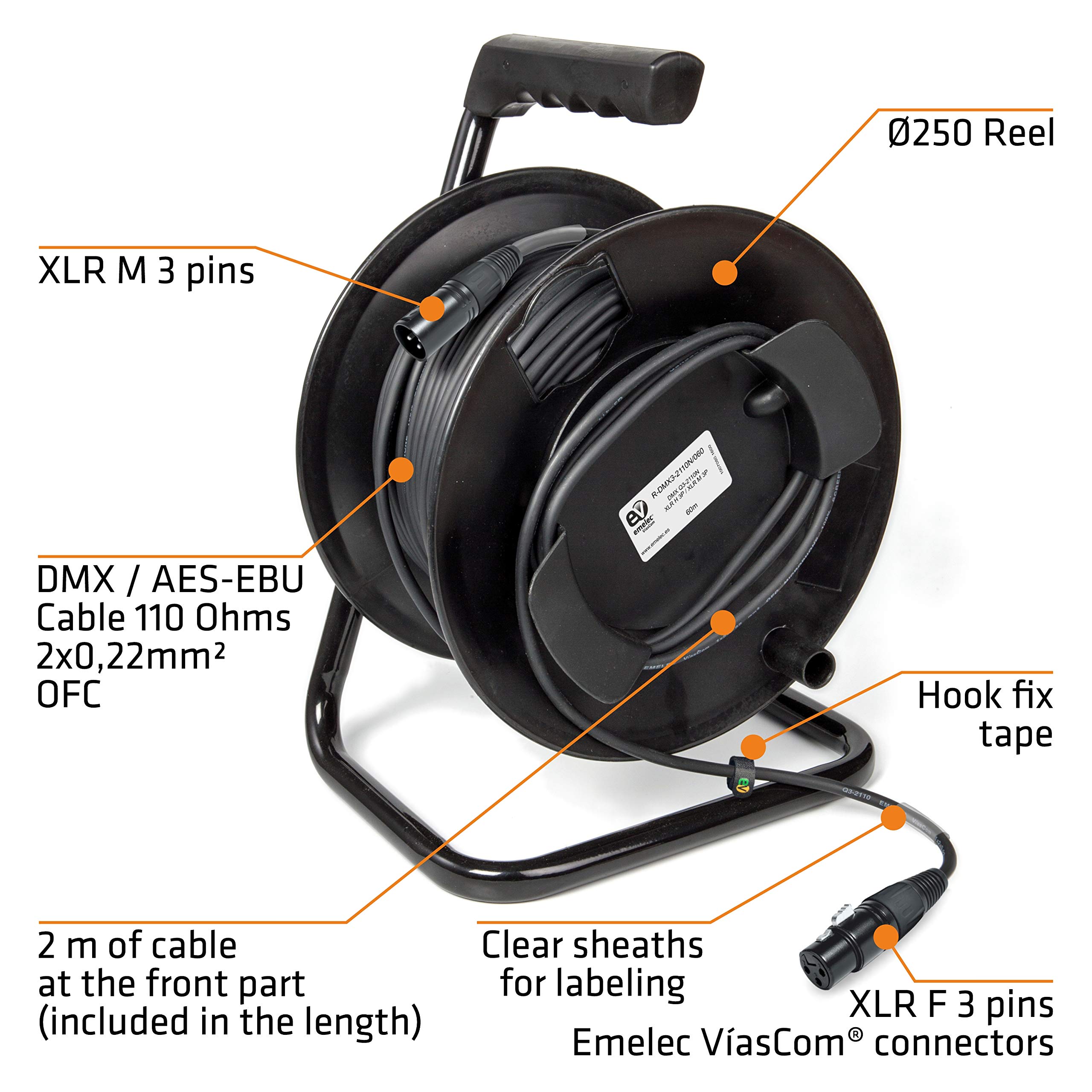 Emelec VíasCom R-DMX3-2110N/070 – 70m Cavo Bilanciato Digitale DMX 110Ω OFC 2x0,22mm² montato su Avvolgicavo con XLR 3 pin – Colore Nero – PVC Molto Flessibile