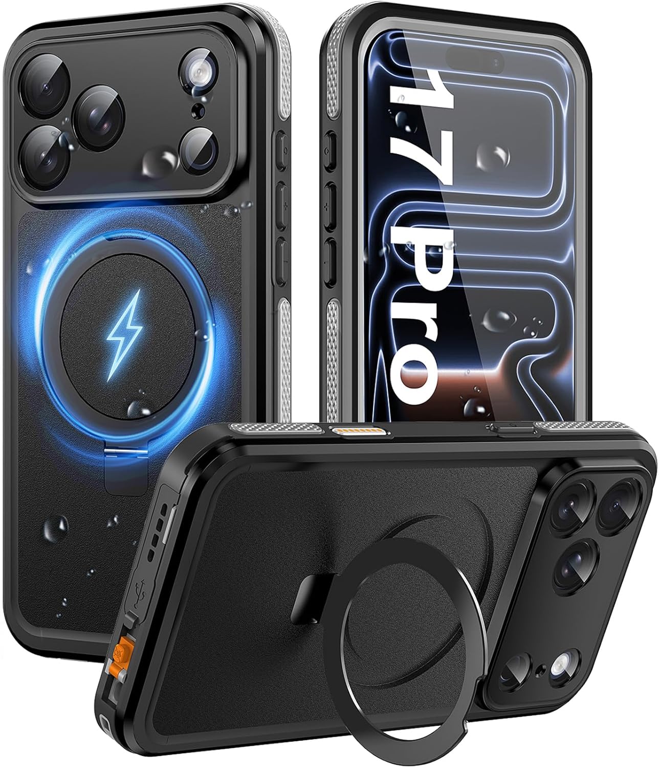 Hllhunkhe for iPhone 17 Pro Max Case, IP68 Waterproof Dustproof Case, [Built-in Screen Protector] [Invisible Kickstand] [Fit for Magsafe] Full Body Heavy Duty Rugged Phone Cover, Black