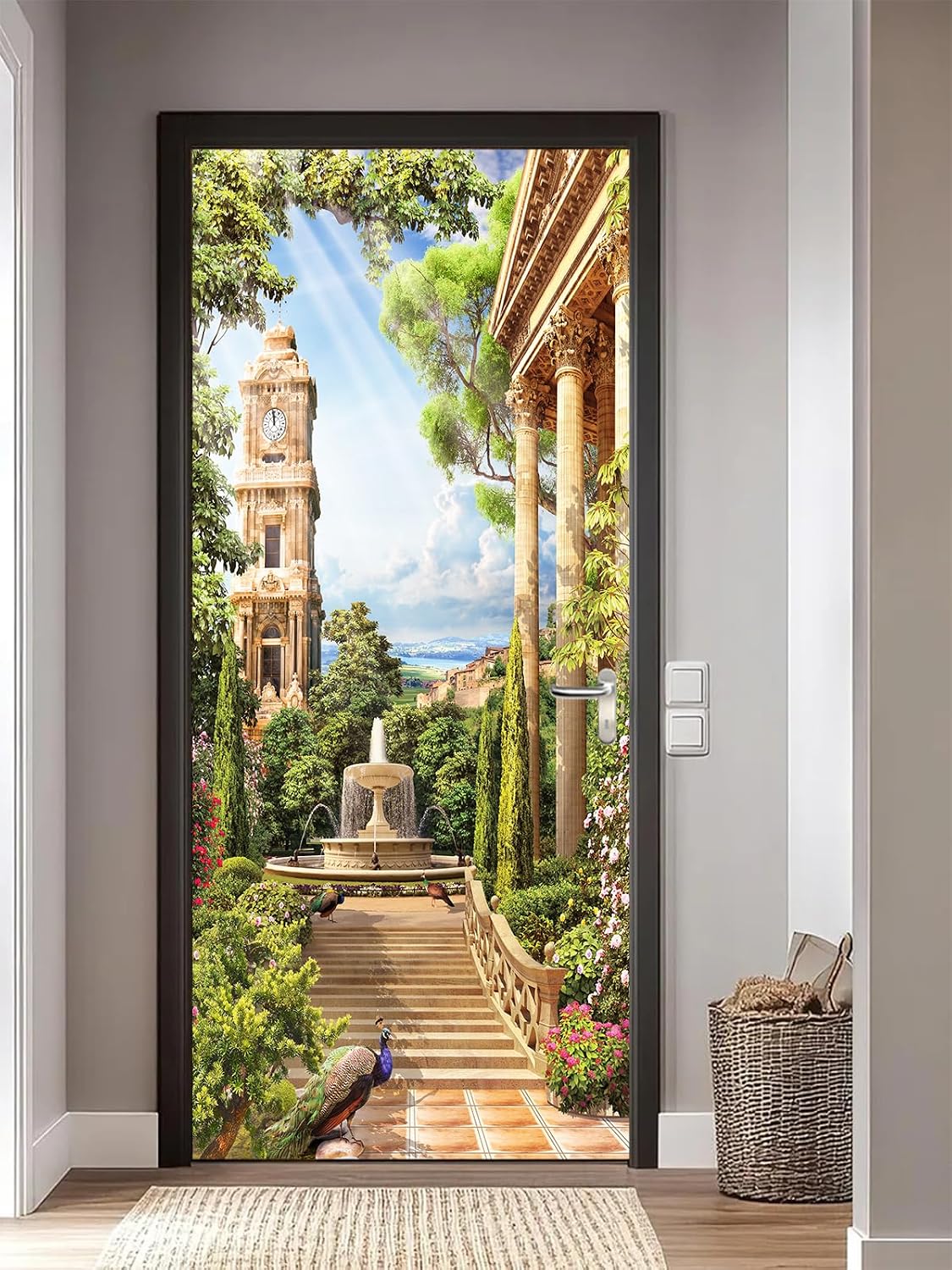 artfanke 3D Door Sticker Peel and Stick 33.5"x84.6" - Self-Adhesive Door Murals Wallpaper Wall Decals Poster European Park Landscape for Home Bedroom Decor (2 Sheets/Set)