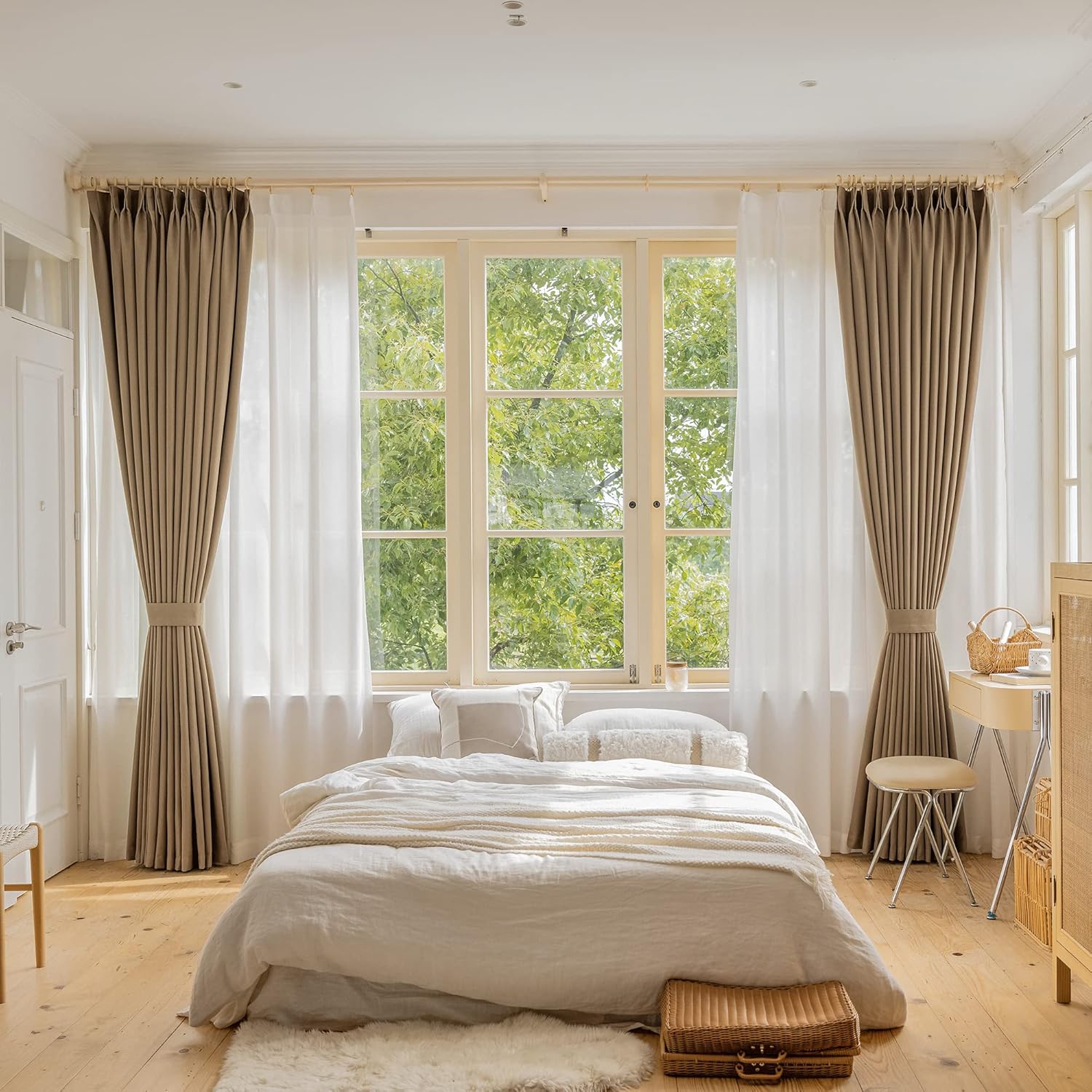 HUTO 100 Percent Blackout Pinch Pleat Curtain for Bedroom, Triple Weave Faux Linen Thermal Insulated Waterproof Drape with Tieback for Patio, Taupe, 84 Inch Wide by 84 Inch Long, 1 Panel