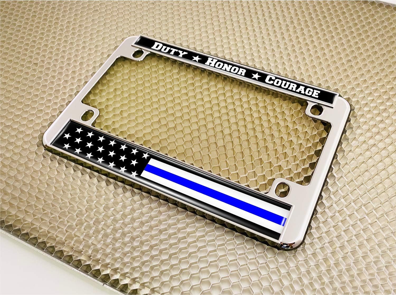 Motorcycle Metal License Plate Frame with Duty Honor Courage Thin Blue Line (Stripe) USA Flag Design - Chrome