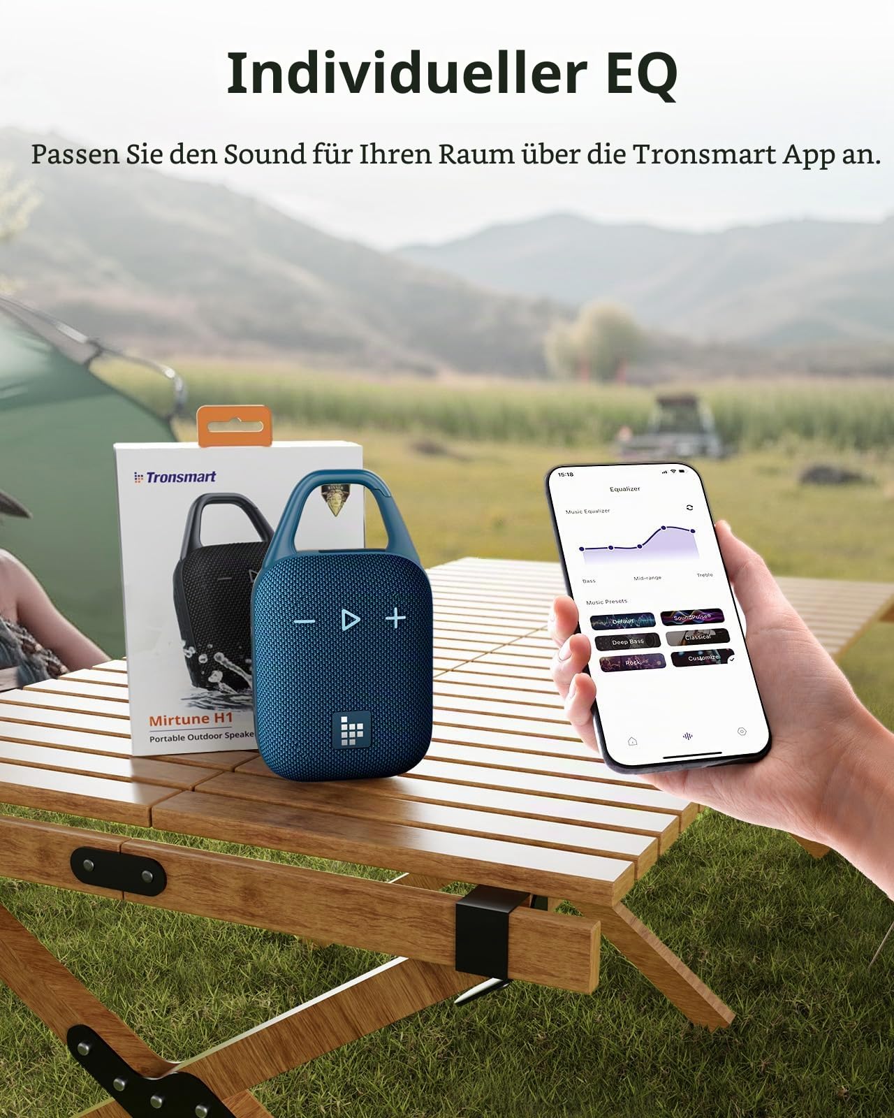 Tronsmart Mirtune H1 Tragbare Outdoor Bluetooth Lautsprecher Musikbox, 20 Stunden Spielzeit, lauter Klang und kraftvoller Bass, integrierter Karabiner, IPX7, anpassbarer EQ, Bluetooth 5.3 (Blue)