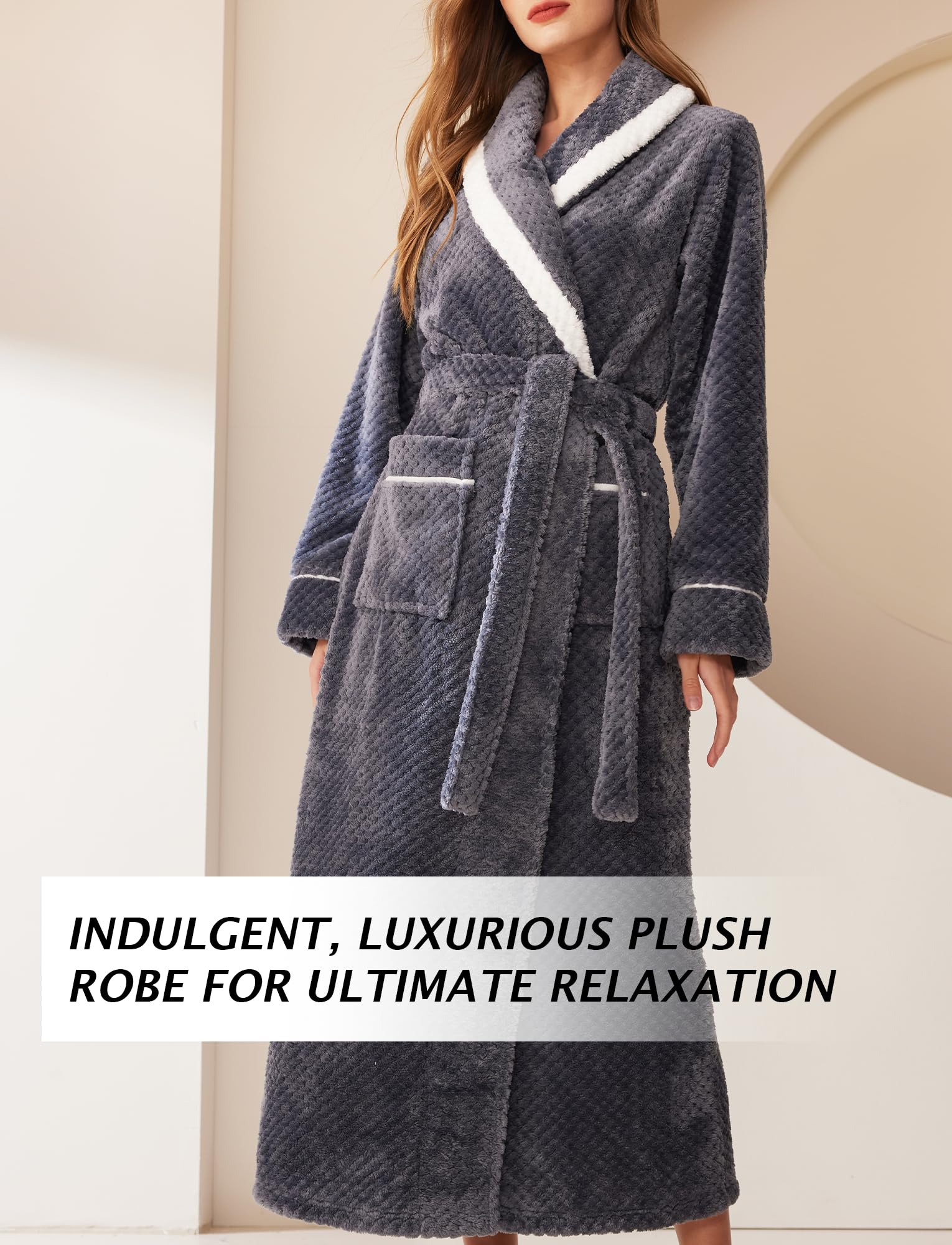 Maeau - Albornoz Largo de Mujer Cálida Bata de Baño Albornoz Cuadros Solapa Piña Ropa de Dormir Hogar Albornoz Informal Parejas Otoño Invierno M XL 3XL