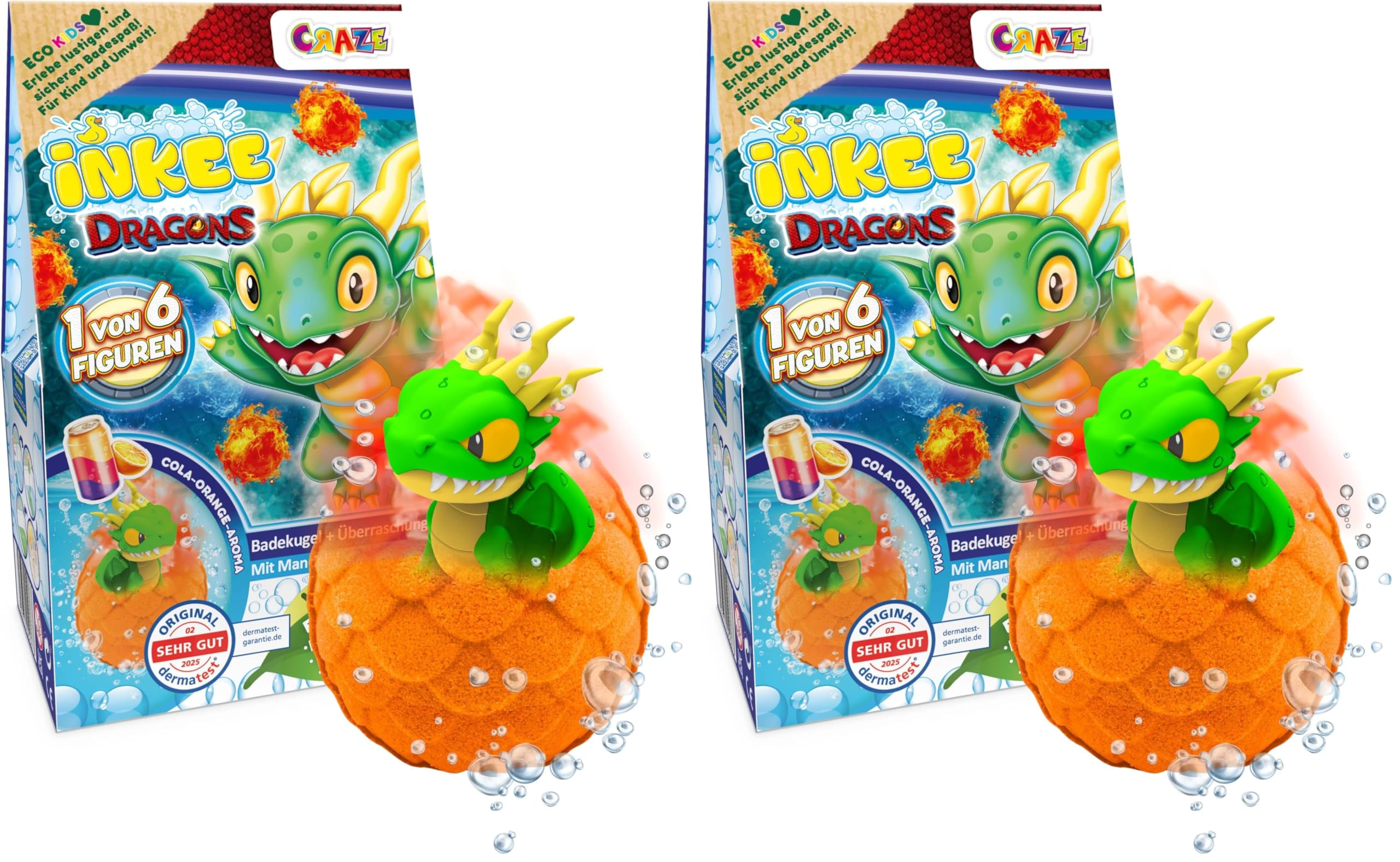 INKEE Surprise Dragons - Badebombe Kinder mit Überraschung, Drachen Spielzeug Figur im Inneren – Badekugel Kinder Cola-Orange Duft – Badespaß Badekugeln mit Überraschung (1x100g) (Packung mit 2)
