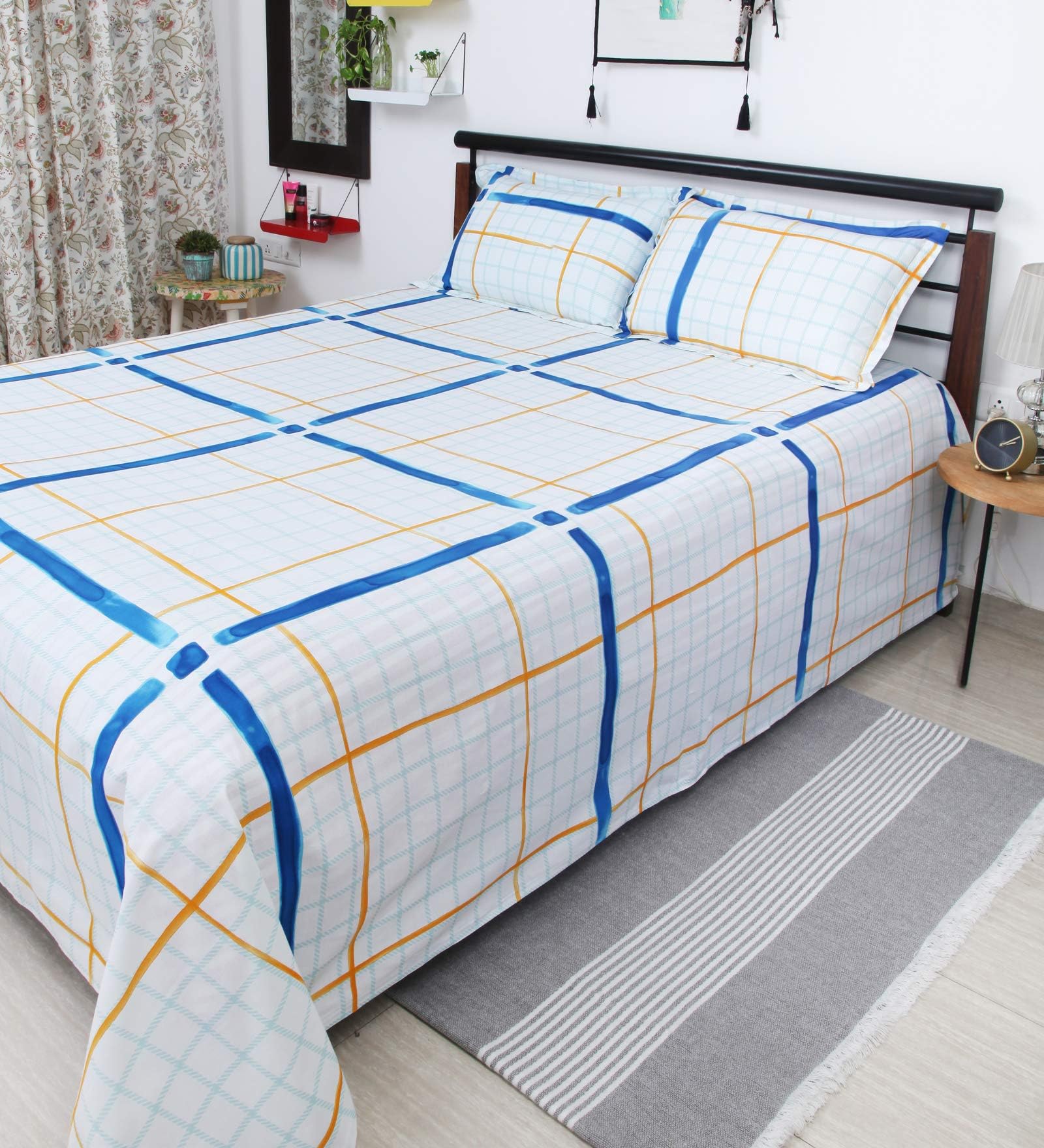 The Linen Company 100% Cotton 300 TC Premium Double Bedsheet with 2 Pillow Covers (Blue Painted Yellow Grey Checks)