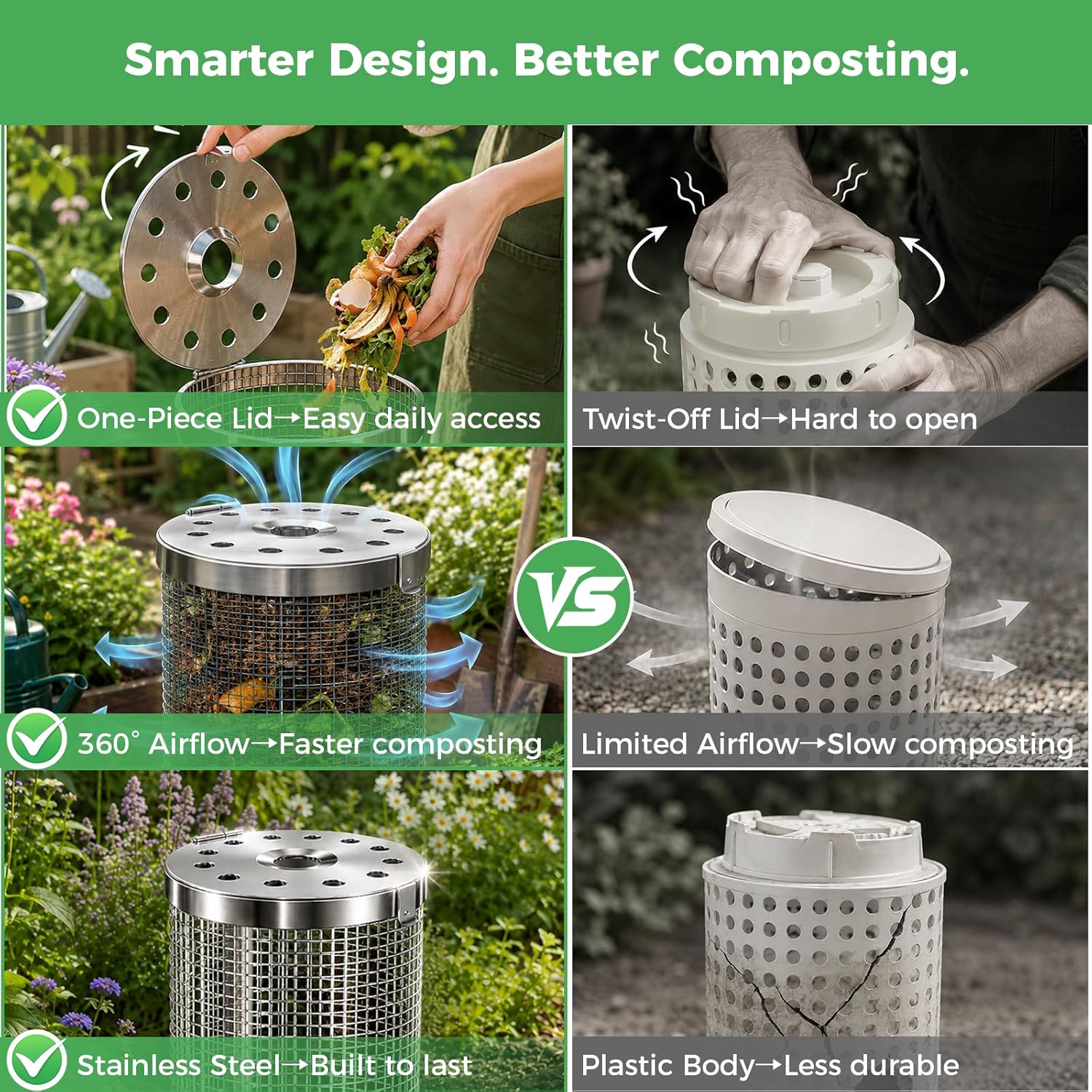 Worm Composter Worm Bin, Stainless Steel In Ground Compost Bin with Quick-Open Lid, Metal Worm Tower Composting System for Garden Beds, Underground Worm Farm, Outdoor Garden Vermicomposting Bin