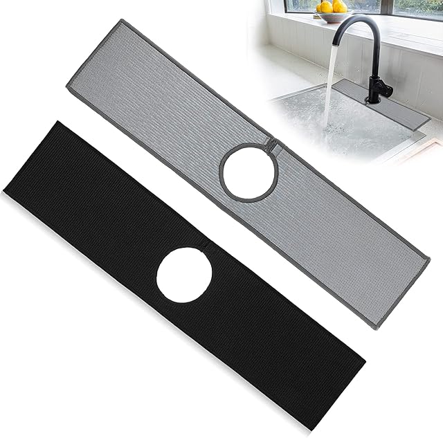 Bimkole 2 PCS Faucet Absorbent Mat, Kitchen Faucet Sink Splash Guard Wraparound Cloth Pads Sink Splash Absorbent Pad for Kitchen Bathroom Faucet Counter Sink (Black, Grey)