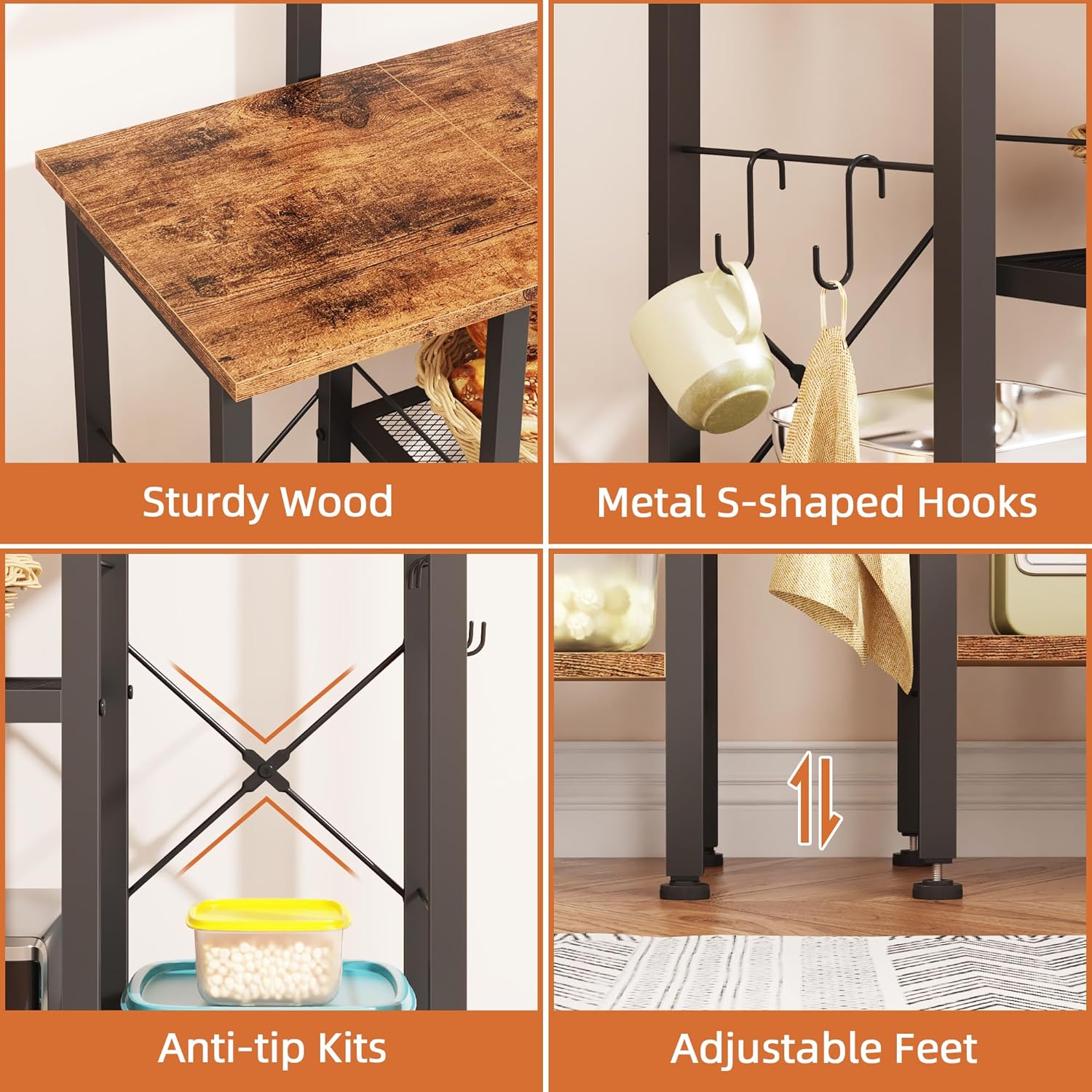 Bakers Rack with Power Outlet, Coffee Bar with 4 Hooks, 6 Tiers Microwave Stand with Storage, Freestanding Kitchen Appliance Organizer for Spices, Pots, Rustic Brown, 32" W