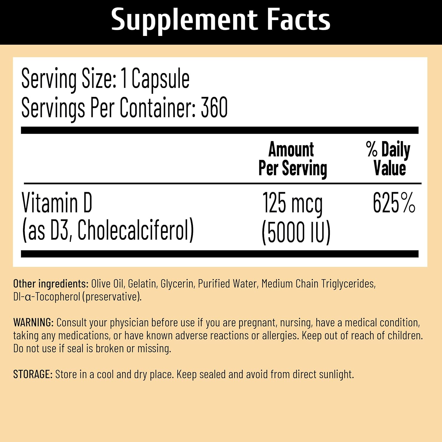 Vitamin D3 5000 IU (125 mcg) with USP-Grade Provitas® Vitamin D3, Dual Olive & MCT Oil for Enhanced Absorption, Bone, Muscle & Immune Support, Non-GMO, 360-Day Supply