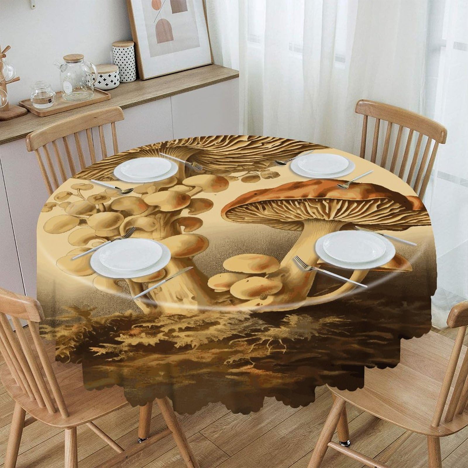 VstaDank Vintage Mushrooms Round Tablecloth Premium Polyester Table Cloth Heavy Duty Washable Fabric Tablecloth Waterproof Holiday Table Cover Decorative Tablecloths for Dining 60"