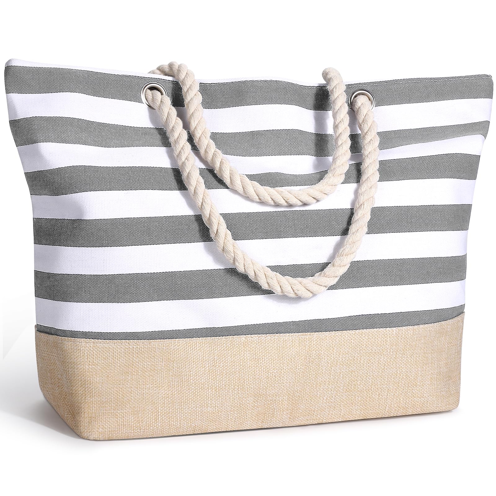 Bolsa de Playa Grande para Mujer, Impermeable Totalizador de Lona de Verano con Cremallera Bolso Tote Beach Bag Bolso Playa Shopper para Viajes Compras Gimnasio, Gris