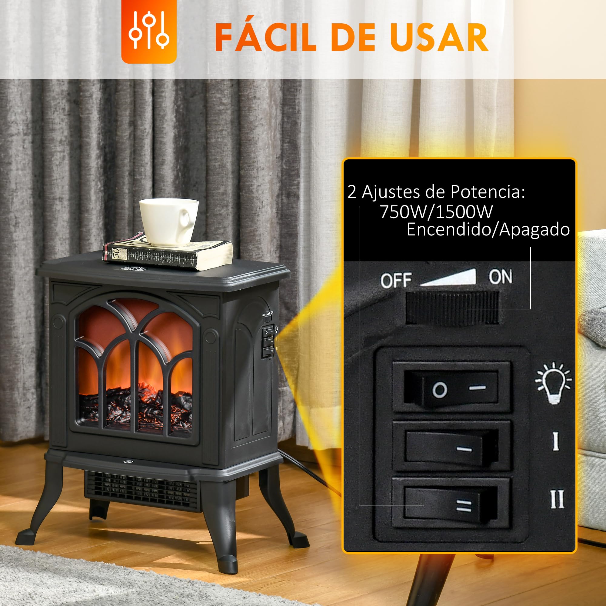 HOMCOM Chimenea Eléctrica de Pie 750/1500 W, Chimenea Decorativa con 2 Niveles de Potencia, Efecto Llama, Protección Sobrecalentamiento, Área de Cobertura 15-20 m², Negro