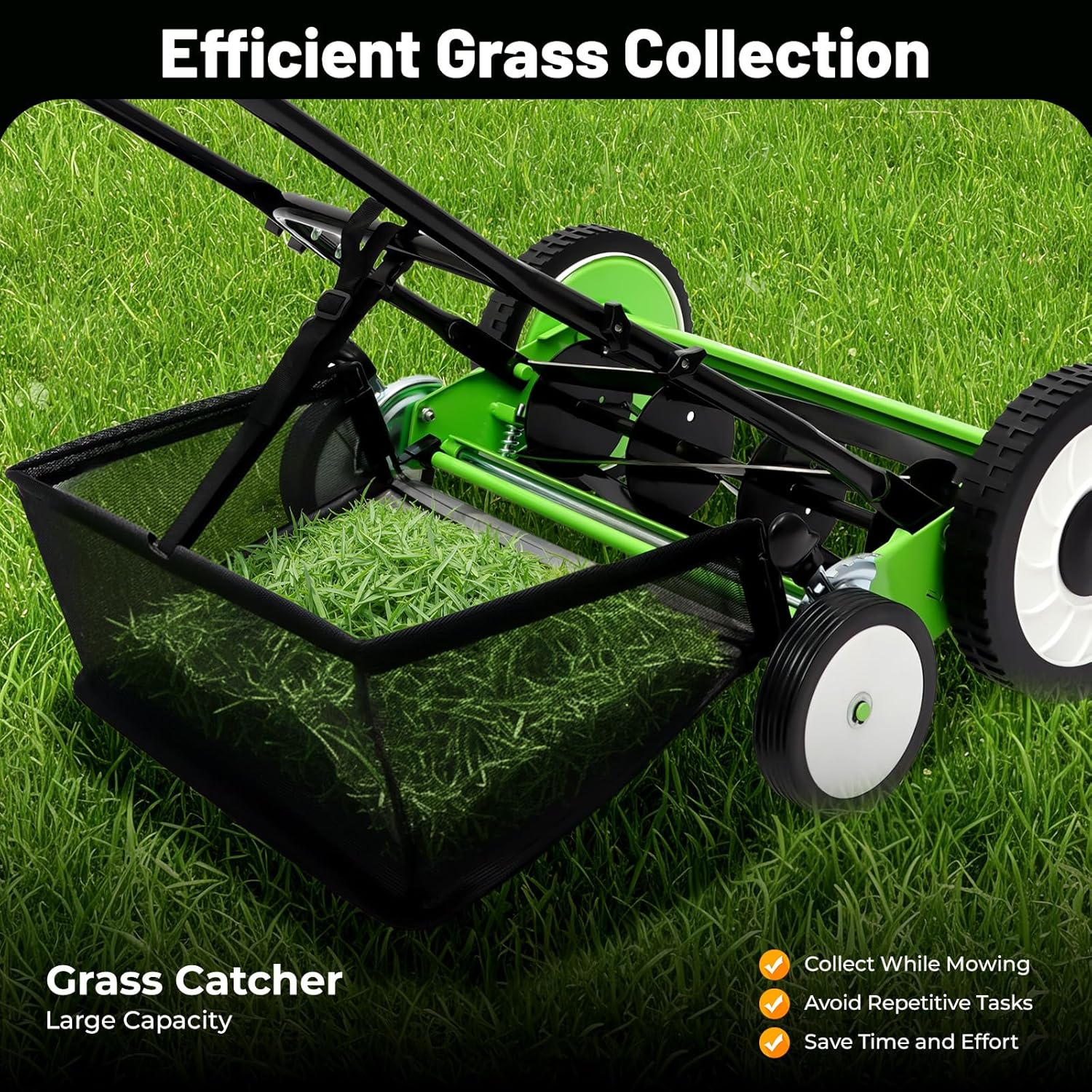 16-Inch 5-Blade Cordless Manual Reel Lawn Mower, Adjustable Cutting/Handle Height Grass Cutter with Grass Catcher, Quiet Push Mower for Villa Yard, Park, Green