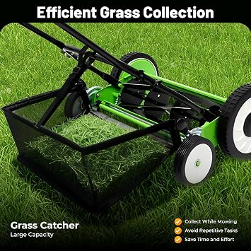Manual Reel Lawn Mower, 16 Inch 5-Blade Cordless Push Mower with Adjustable Cutting Height and Grass Catcher for Yard, Garden
