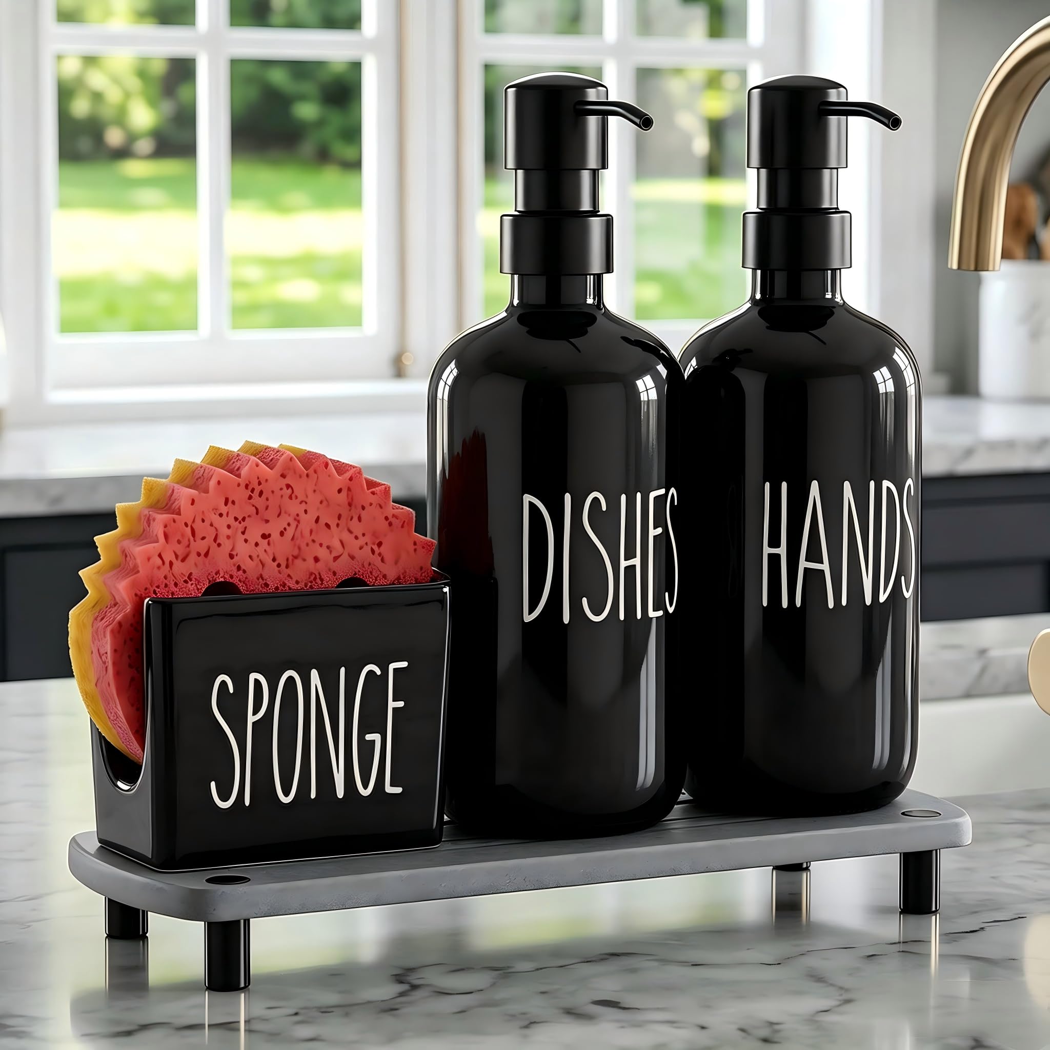 Cisily Black Soap Dispenser Set with Ceramics Sponge Holder, Kitchen Decor