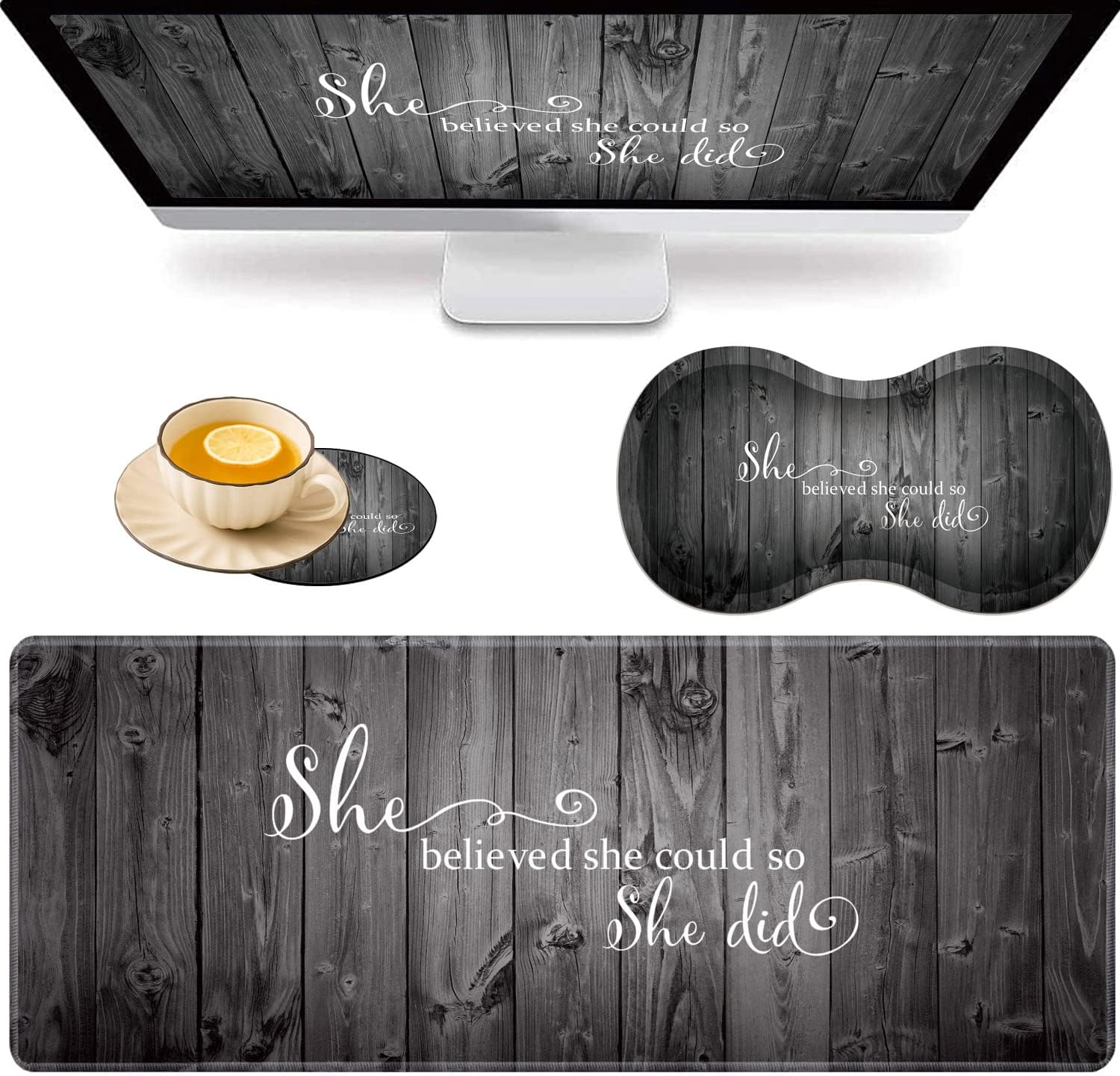 Large Game Mouse Pad + Wrist Support Pad + Coffee Coaster, She Believed She Could,So She Did Foldable Table Mat with Stitched Edge, Non-Slip Set Pad Suitable for Office Work and Home