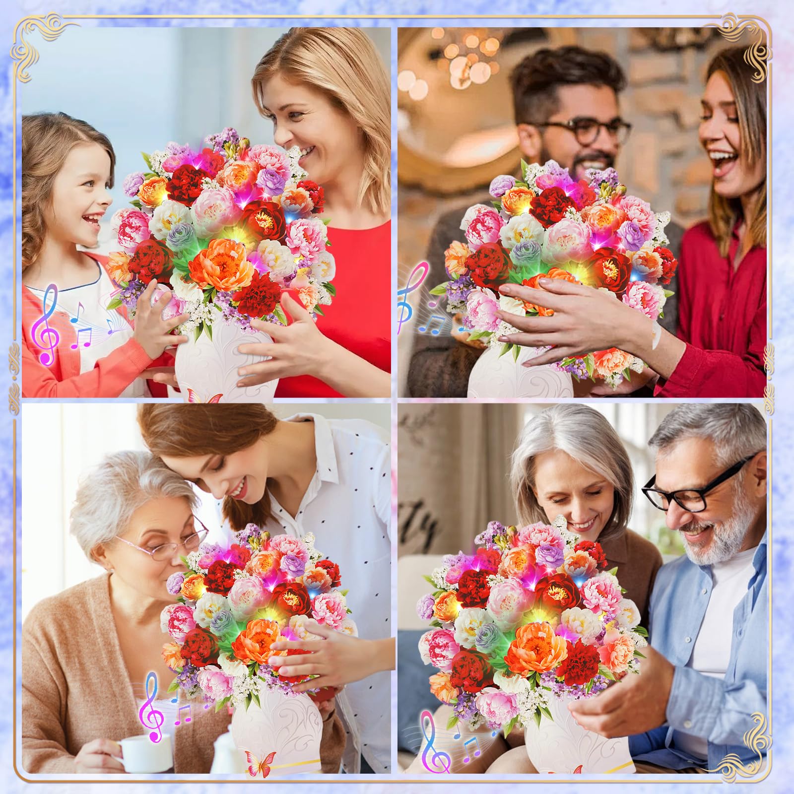 APOTODITO Tarjetas de cumpleaños para mujer, tarjeta de flores con música y luz, tarjeta 3D de ramo de flores, tarjetas de regalo para mamá, mujer, esposa, hija, novia